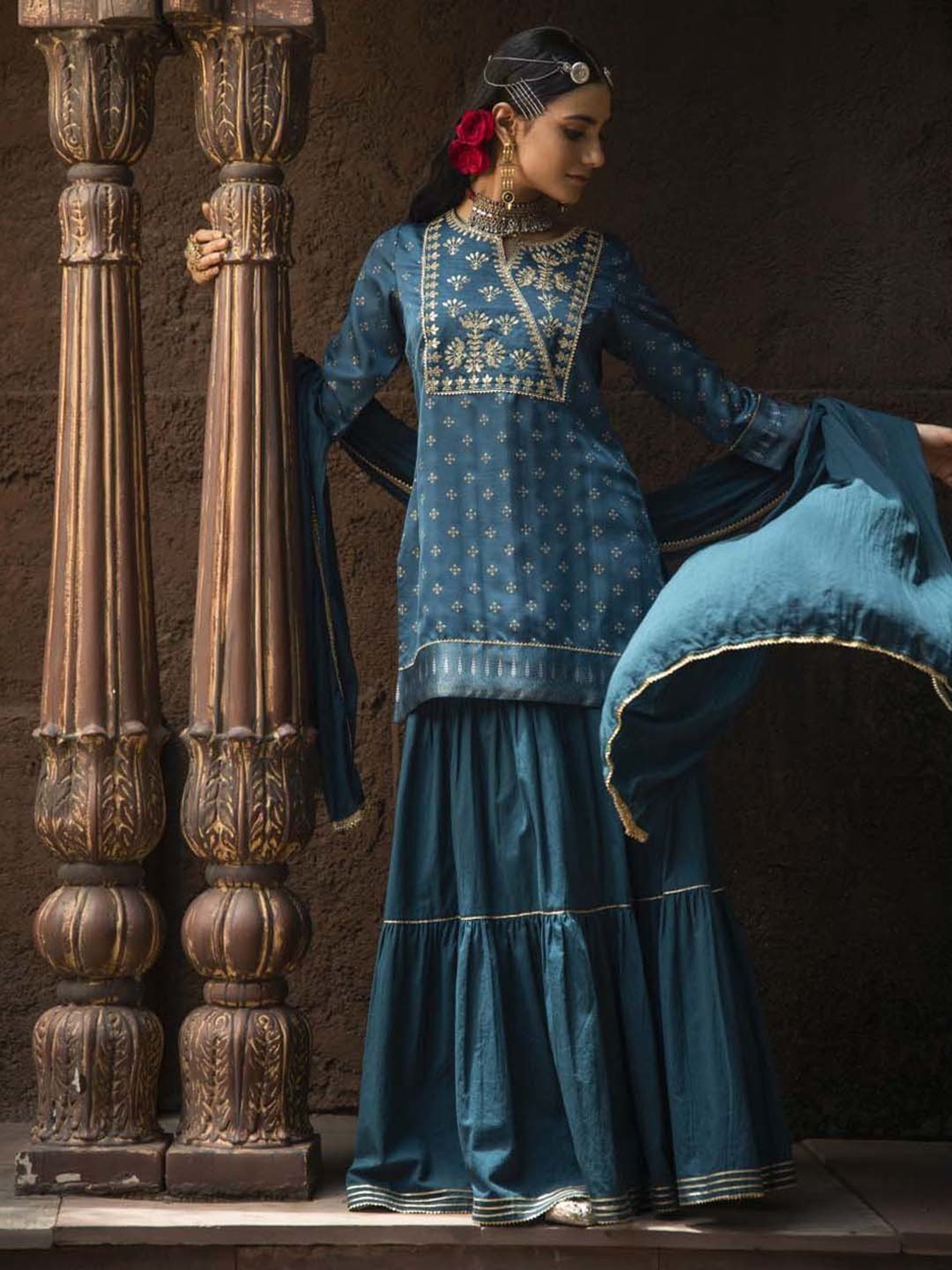 Juniper Teal Ethnic Motif Printed Satin Slub with Zari Embroidery Kurta Sharara & Dupatta Set