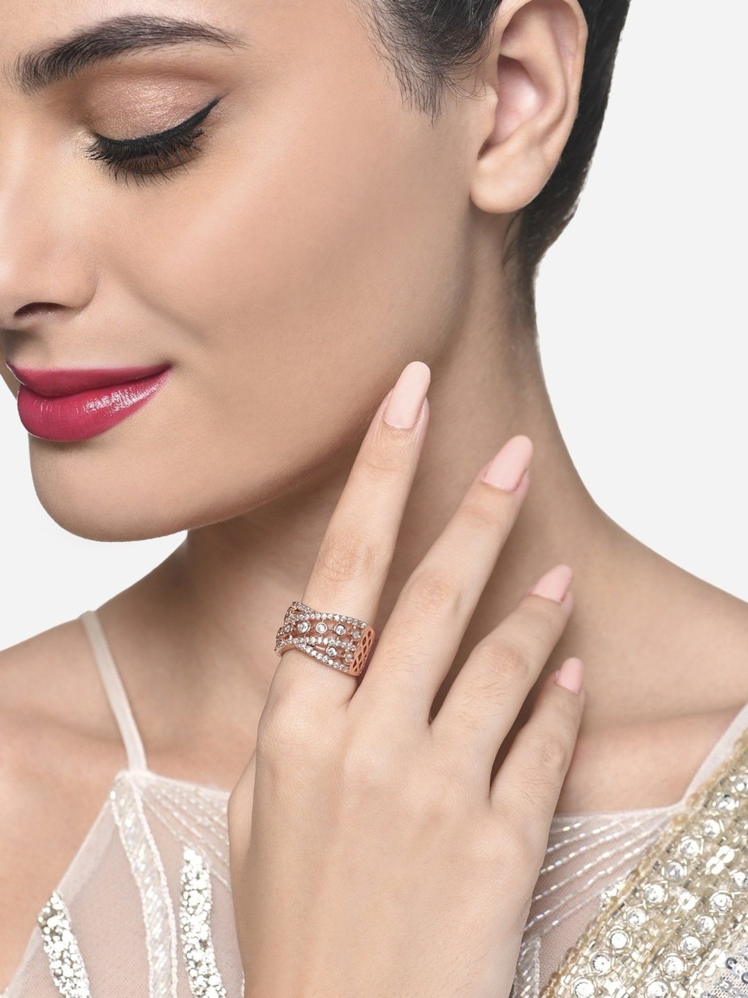 Zaveri Pearls Rose Gold Dazzling Cubic Zirconia Party Bling Statement Brass Ring-ZPFK16486