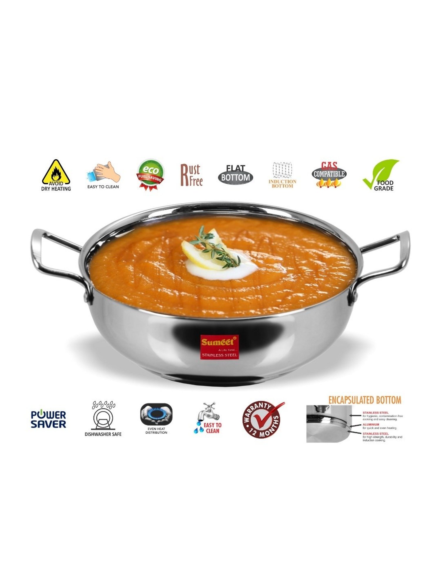 Sumeet Stainless Steel Induction Bottom  Kadhai  Size No.11 (1.5 Ltr)