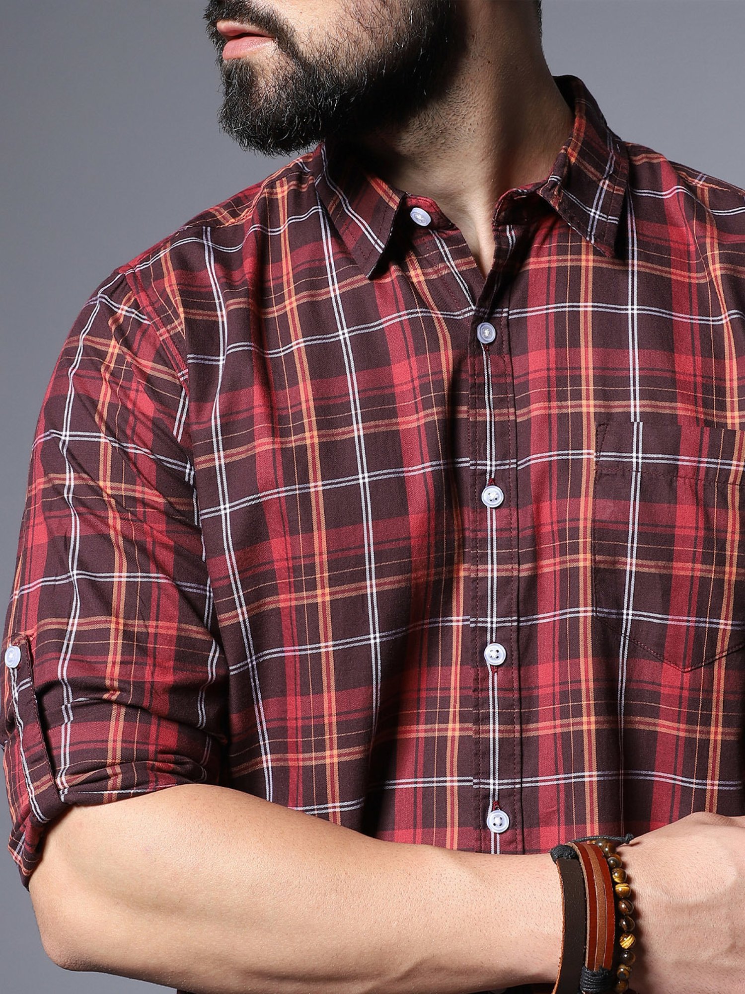 High Star Maroon Relaxed Fit Checks Shirt
