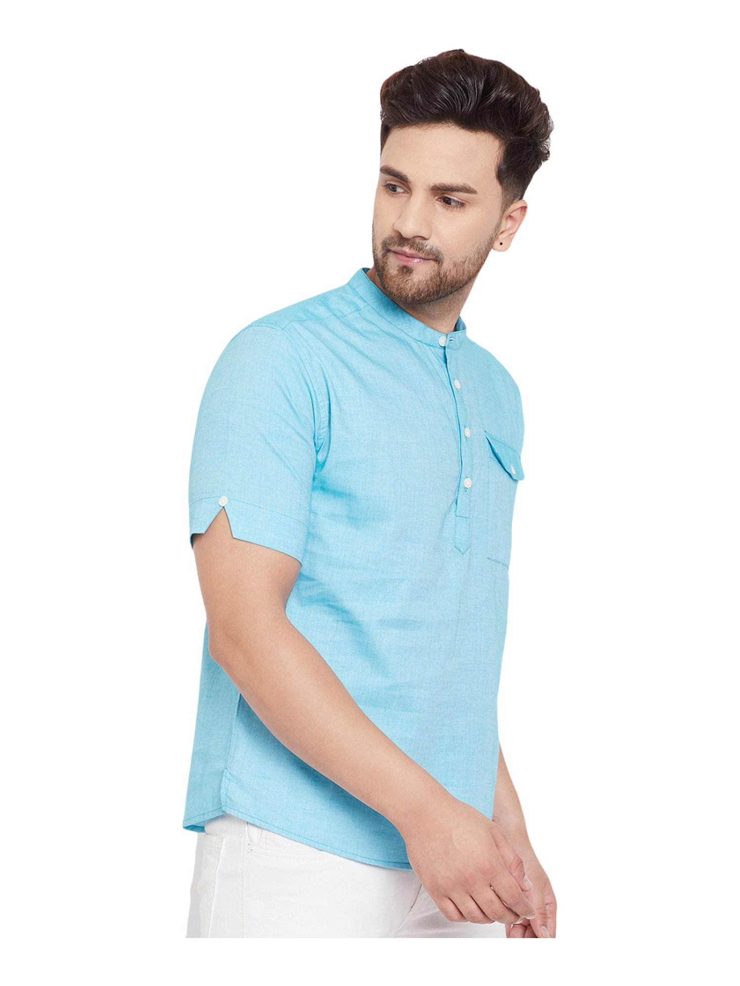 Even Sky Blue Cotton Regular Fit Short Kurta