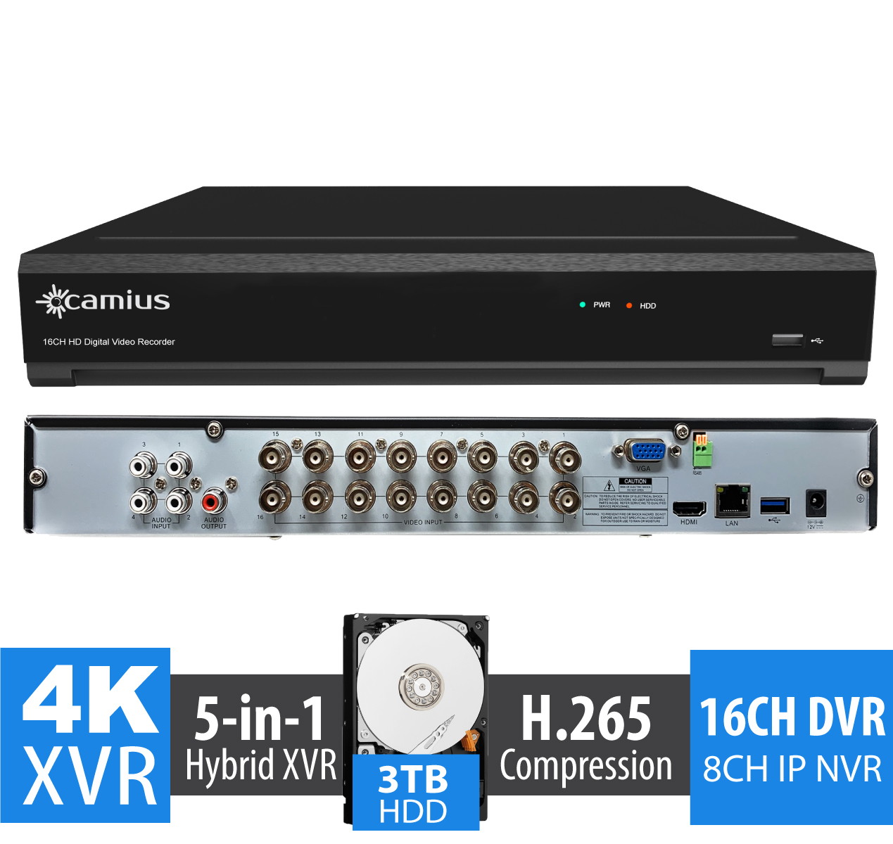 Camius 4K 16 Channel Hybrid DVR  without HDD  - works with CVBS, AHD CVI, TVI BNC analog cameras + 8CH IP, 4K HDMI, Mobile app, PC, Mac software,  view  - TRIVAULT4K2168 (ONLY  DVR)