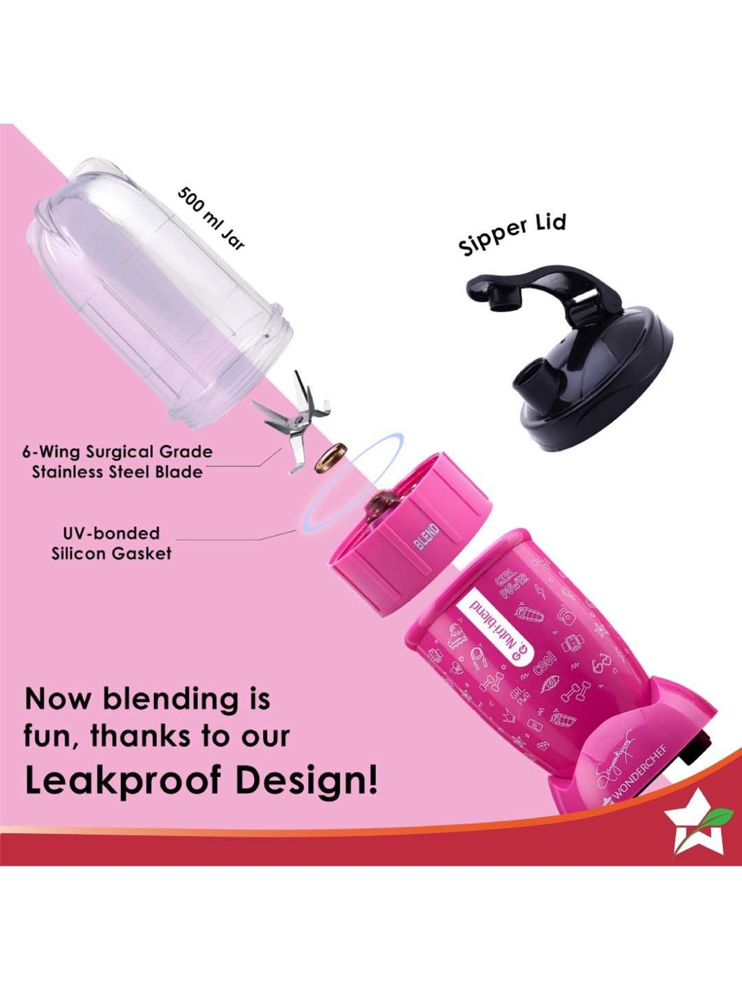 Wonderchef Nutri-blend GO 22000 RPM 400W Copper Motor with 1 Jar 2-Yr Warranty Recipe Book, Pink