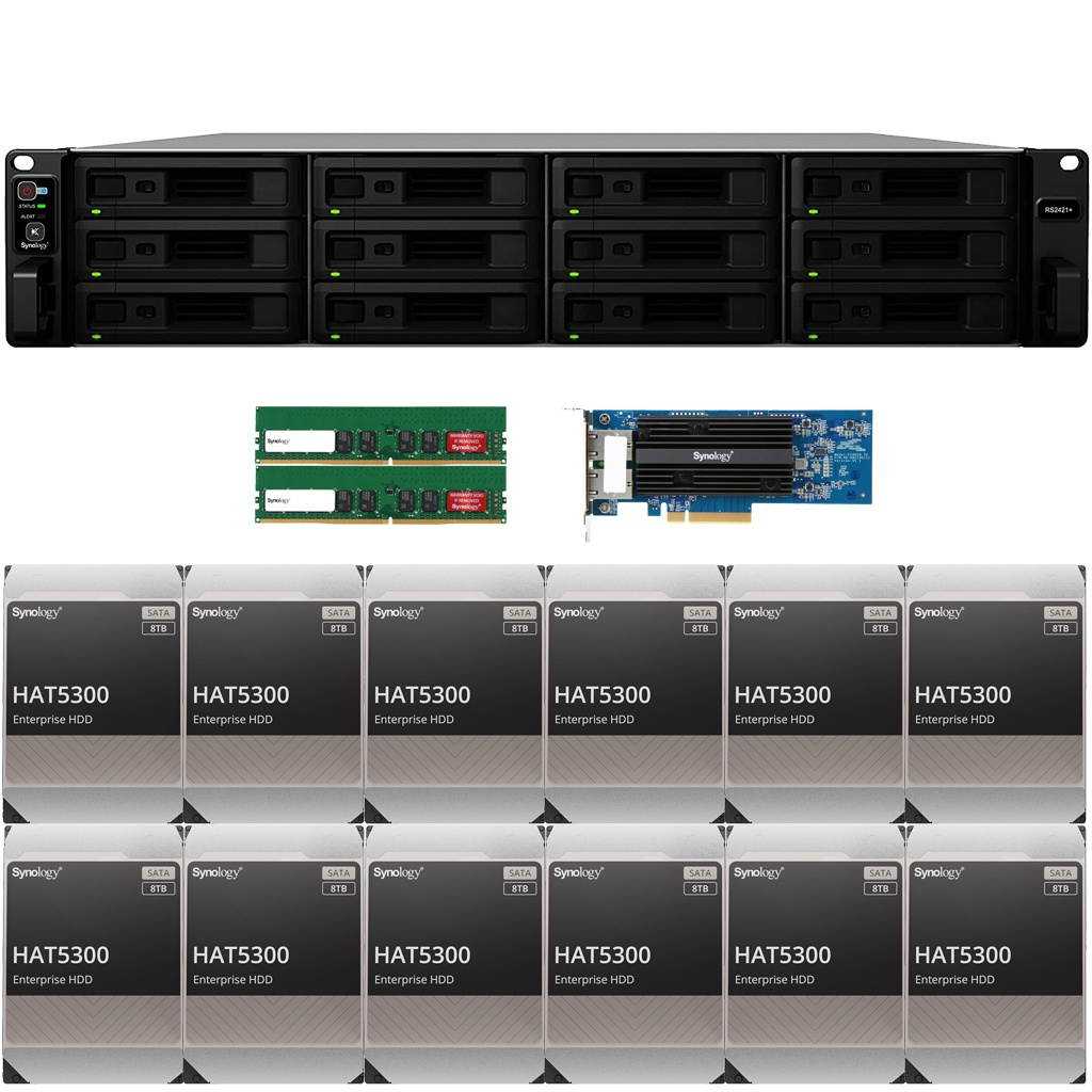 Synology RS2421+ RackStation with 16GB RAM, E10G18-T2 2-Port 10GbE RJ45 and 96TB (12 x 8TB) of HAT5300 Synology Enterprise Drives Fully Assembled and Tested By CustomTechSales