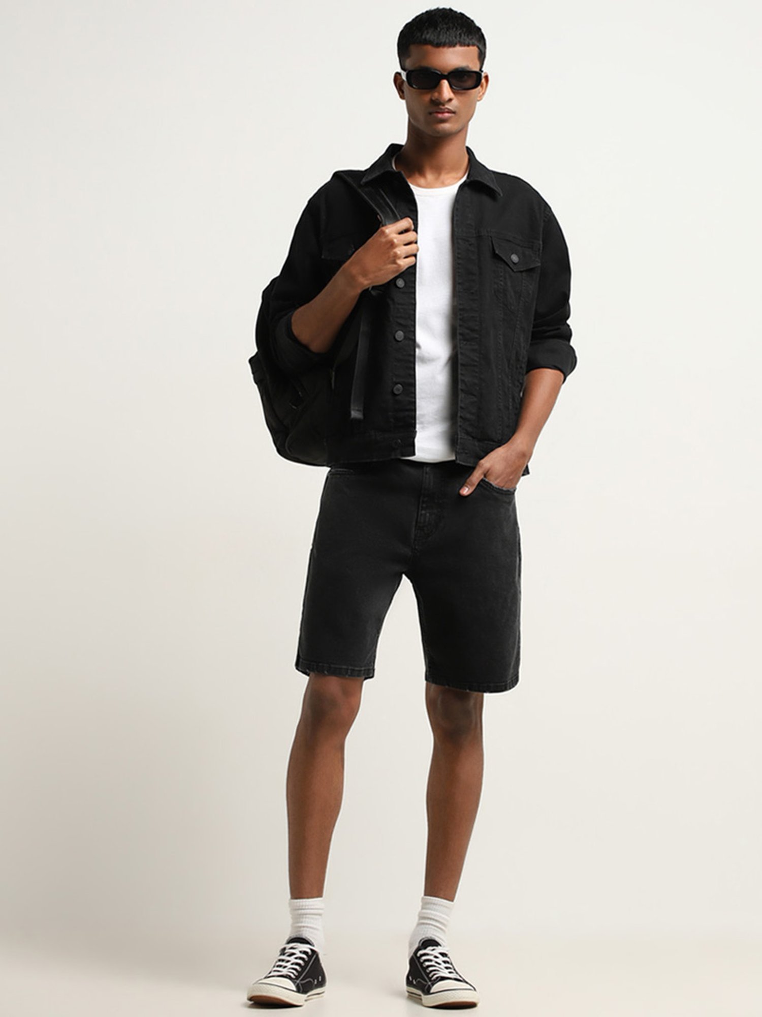 Nuon by Westside Charcoal Relaxed-Fit Mid-Rise Denim Shorts