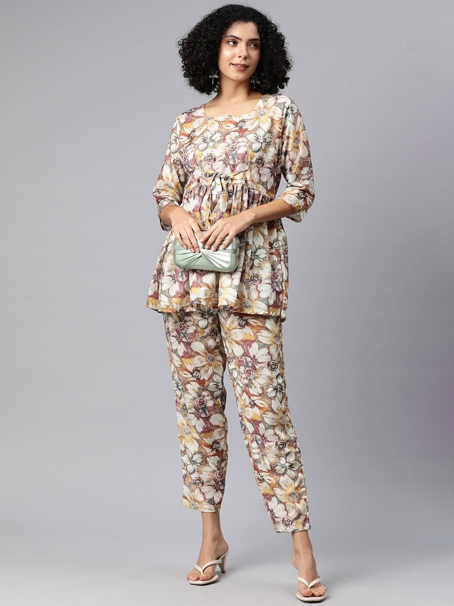 READIPRINT FASHIONS Beige Cotton Floral Print Top Pant Set