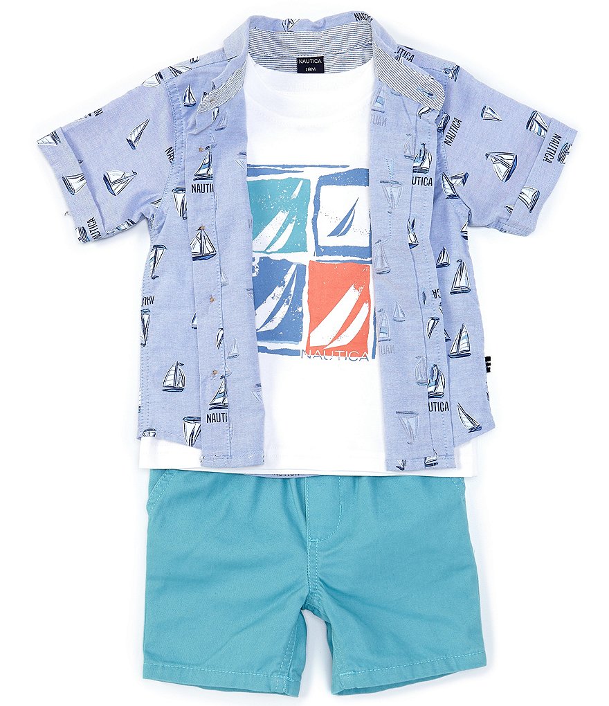 Nautica Baby Boys 12-24 Months Short-Sleeve Sailboat-Print Oxford Shirt, Short-Sleeve Graphic Tee & Shorts Set