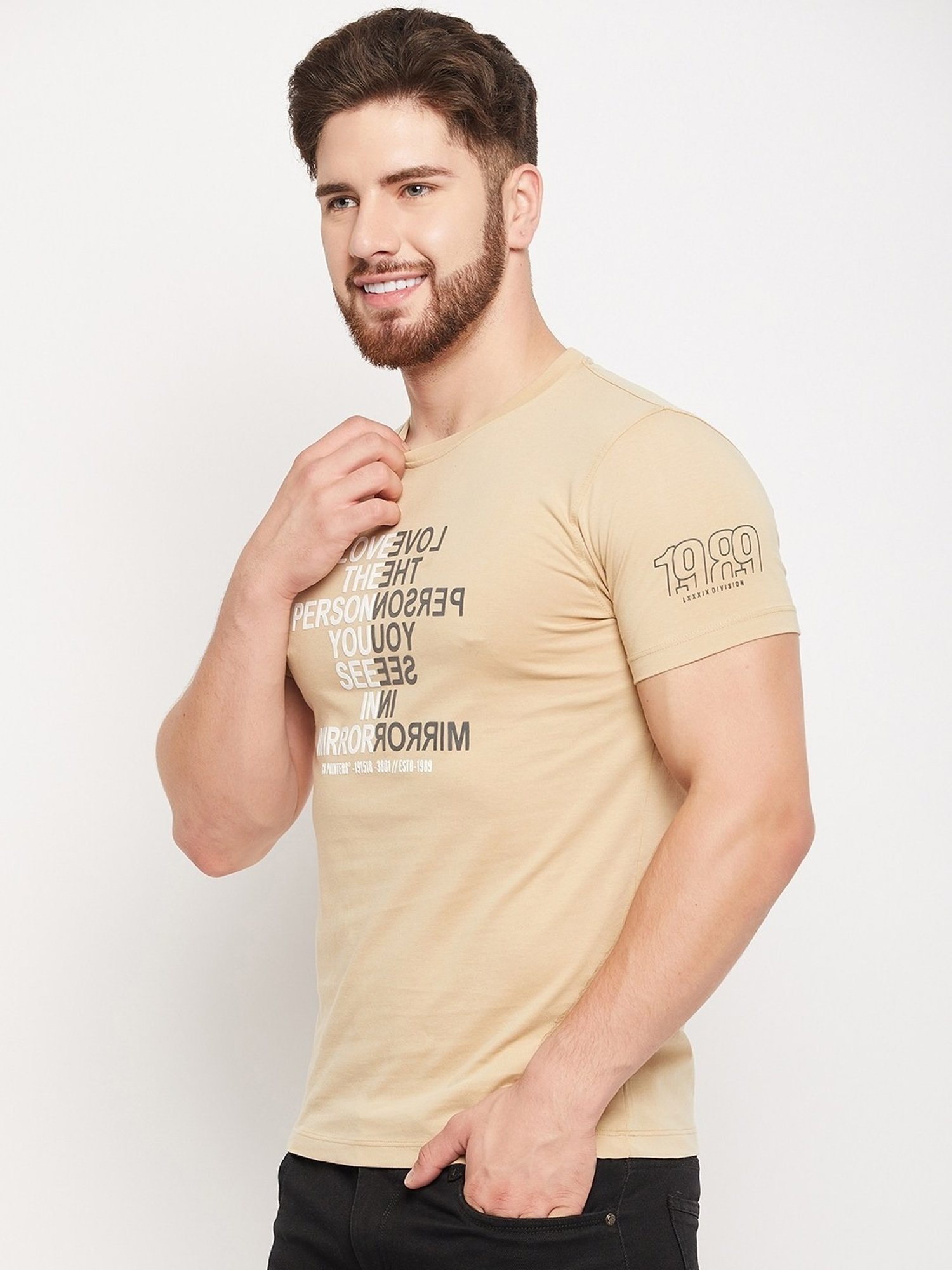 Cantabil Beige Regular Fit Printed T-Shirt