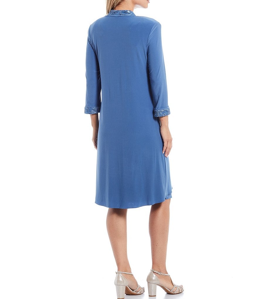 Le Bos Embroidered Jewel Neck 3/4 Sleeve Trim Duster 2-Piece Jacket Dress