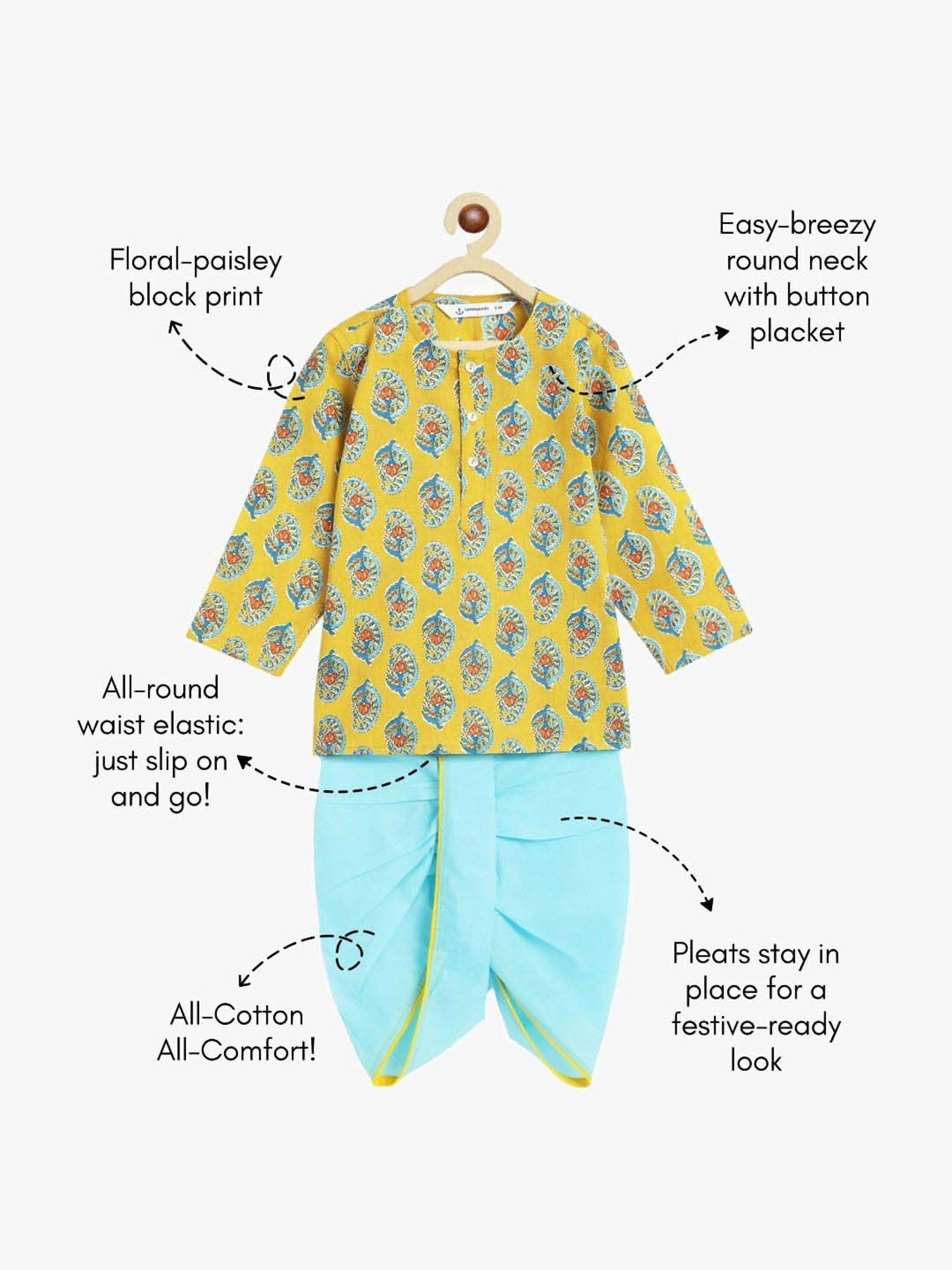 Campana Kids Yellow & Blue Cotton Printed Full Sleeves Kurta & Dhoti