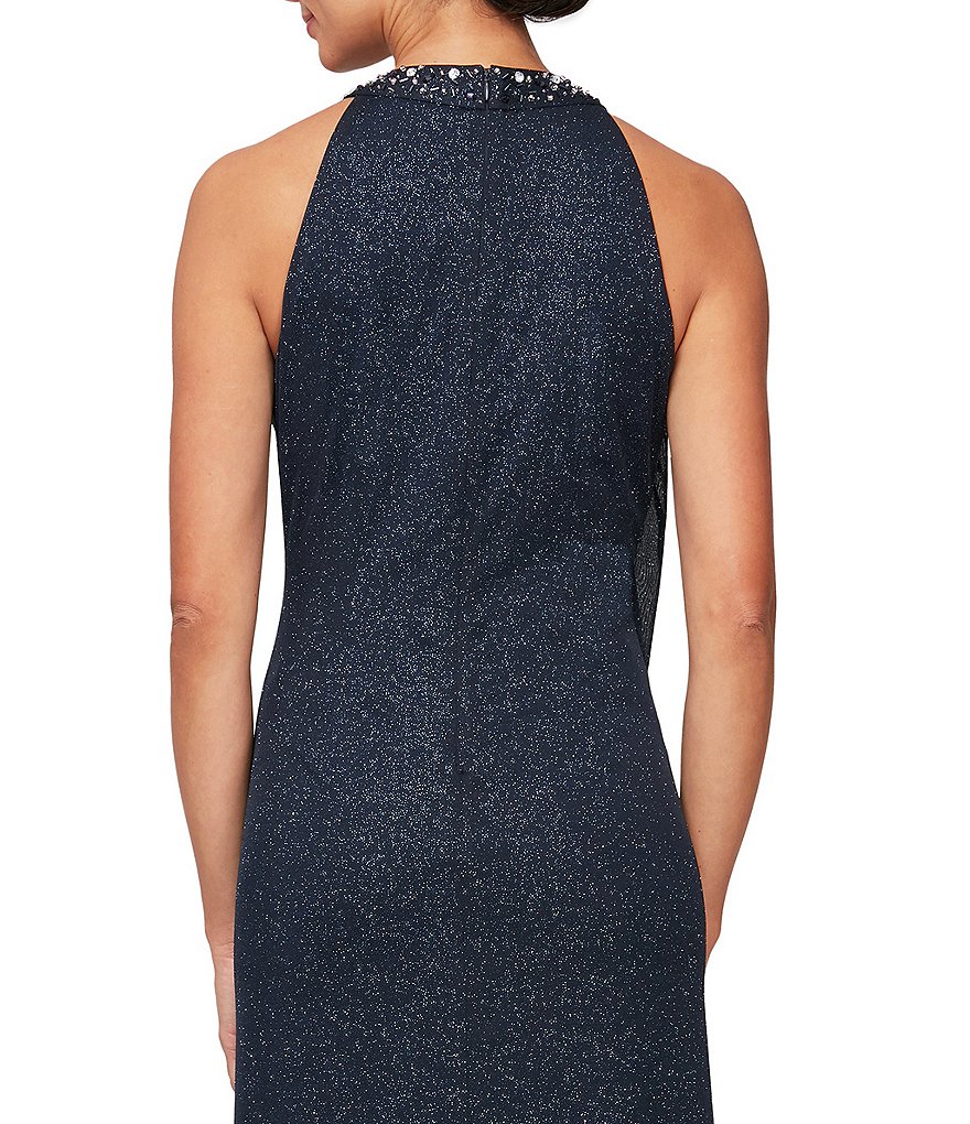 Ignite Evenings Halter Neck Sleeveless Beaded Glitter Mesh Gown