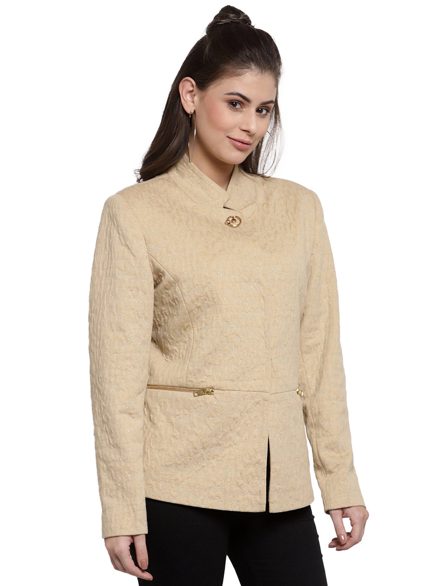 Juelle Beige Jacquard Full Sleeves Coat