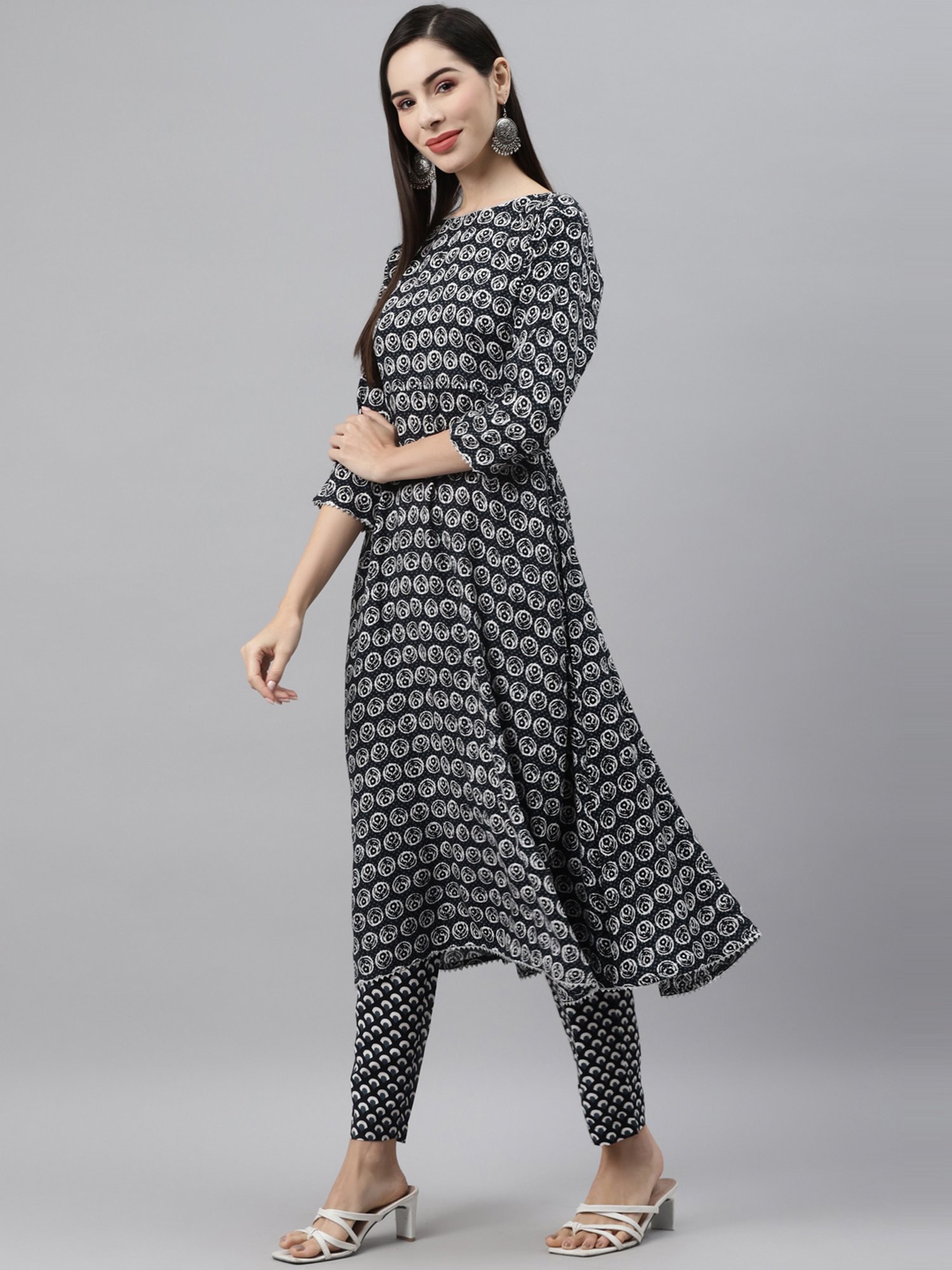 Indibelle Black Cotton Printed Flared Kurta