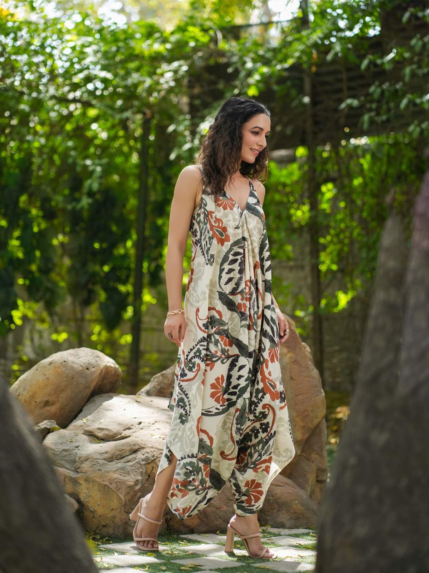 Rain and Rainbow Off-White Cotton Printed A-Line dress Jumpsuit