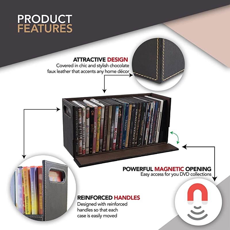 DVD Storage Box with Powerful Magnetic Opening DVD Tray Holds 28 DVD BluRay PS4 Video Games for Media Shelf Storage amp Organization