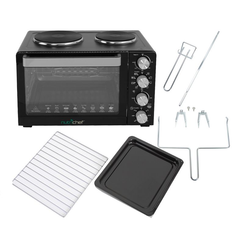 NutriChef PKRTO28 Kitchen Countertop Multi-function Convection Rotisserie Toaster Oven Cooker w/ 2 Food Warming Hot Plates, Grill Rack, &  Baking Tray
