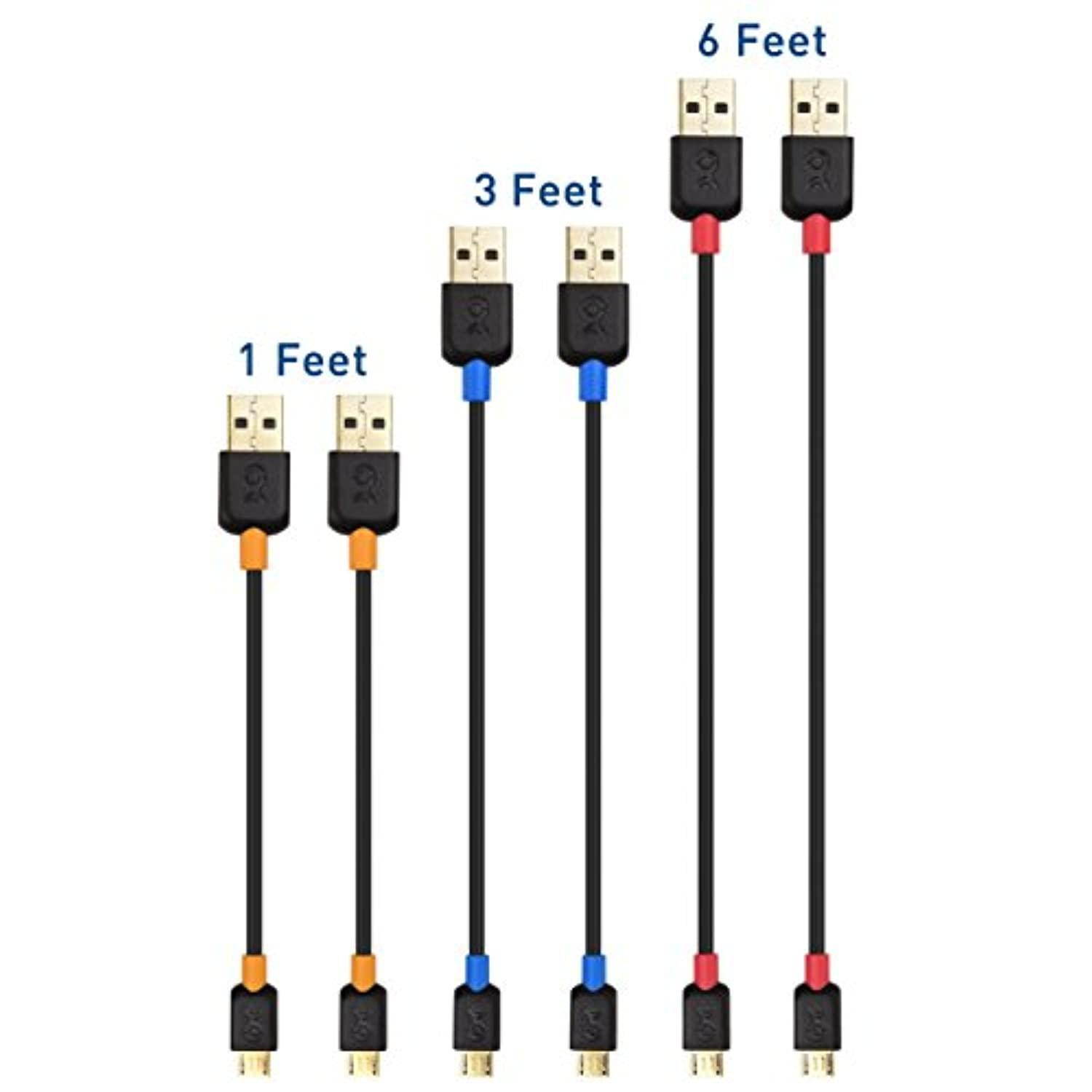 cable matters combo 6-pack gold-plated usb 2.0 type a to micro-b cable - 1, 3, 6 feet