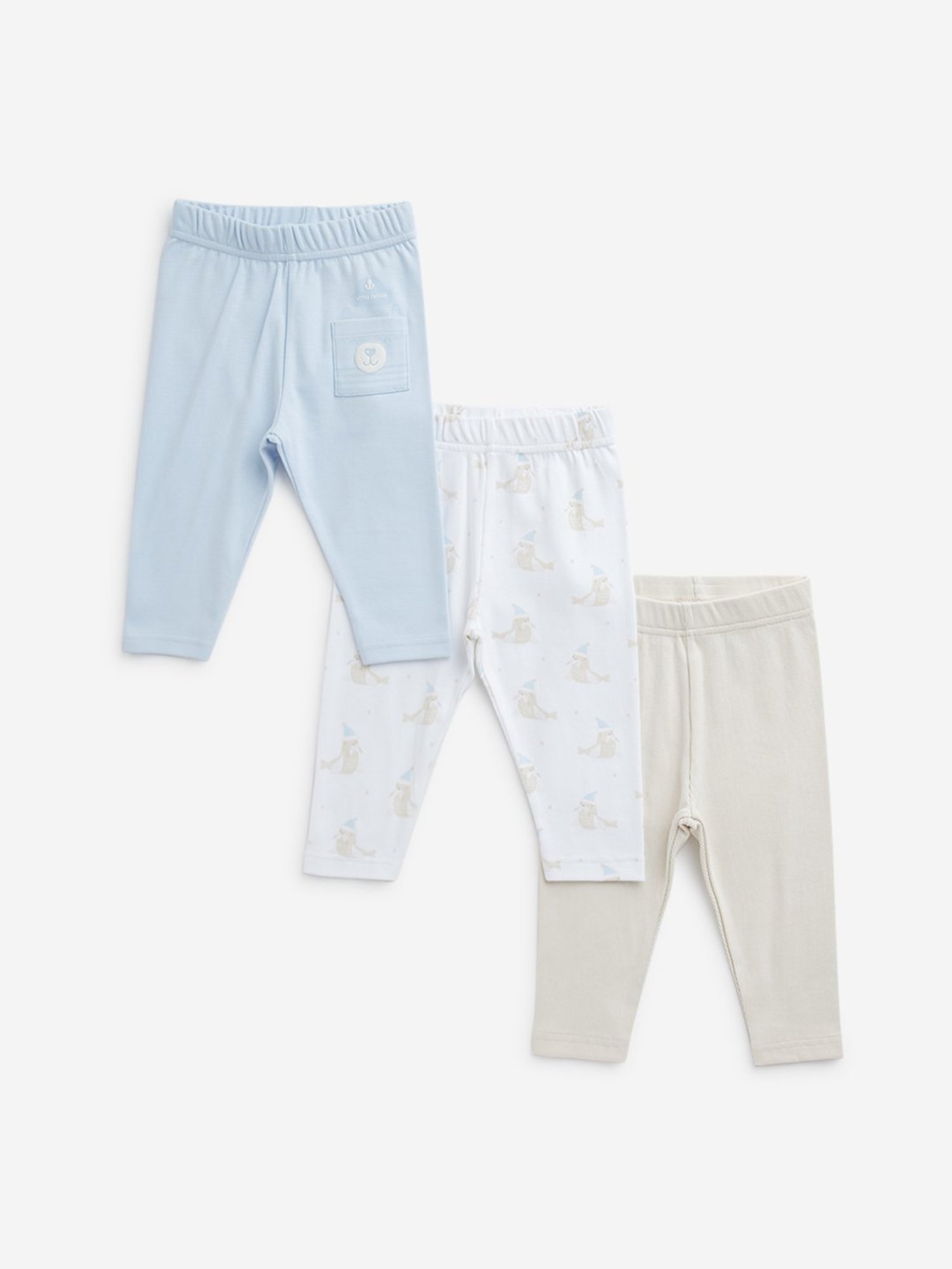 HOP Baby by Westside Light Blue Printed Cotton Pants - Pack of 3