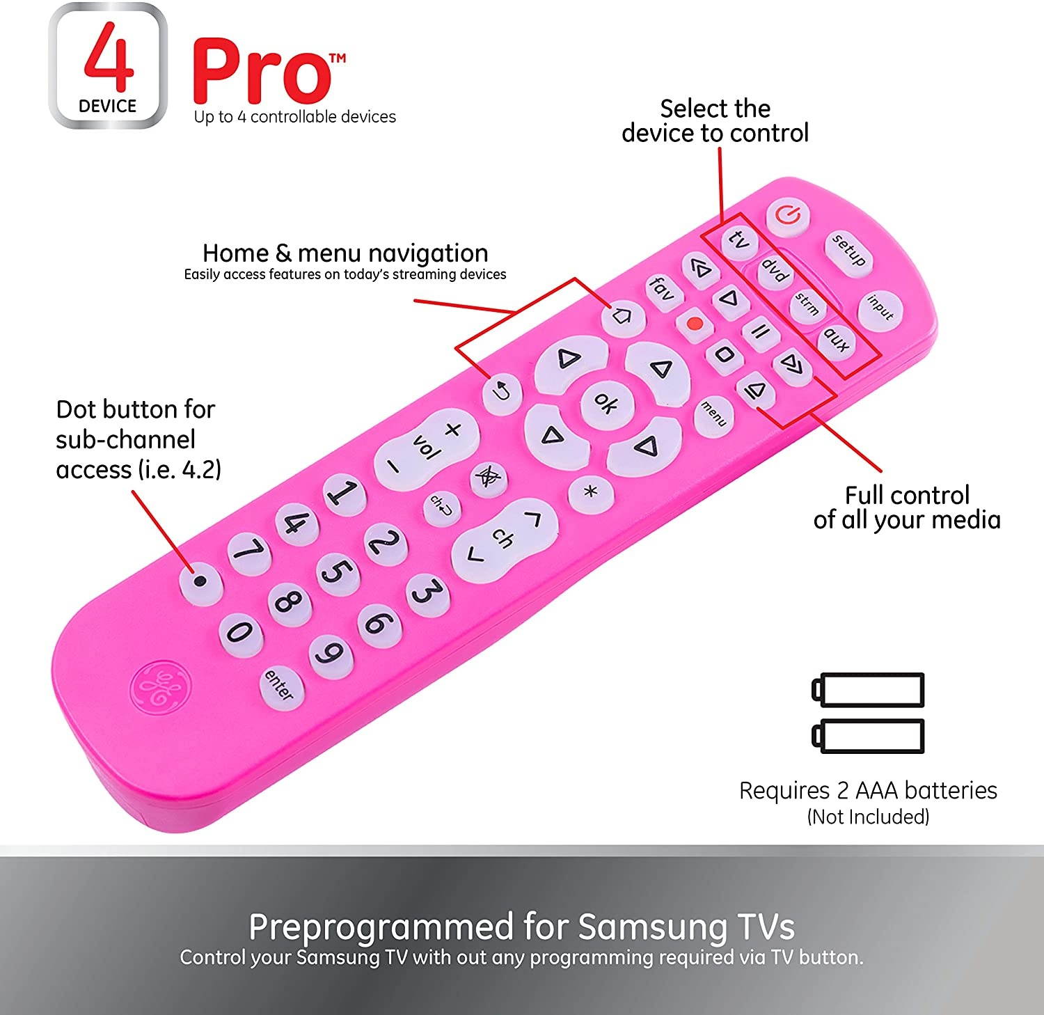 GE Backlit Universal Remote Control for Samsung, Vizio, LG, Sony, Sharp, Roku, Apple TV, RCA, Panasonic, Smart TV, Streaming Players, Blu-Ray, DVD, 4-Device, Purple, 45765 Purple, Backlit