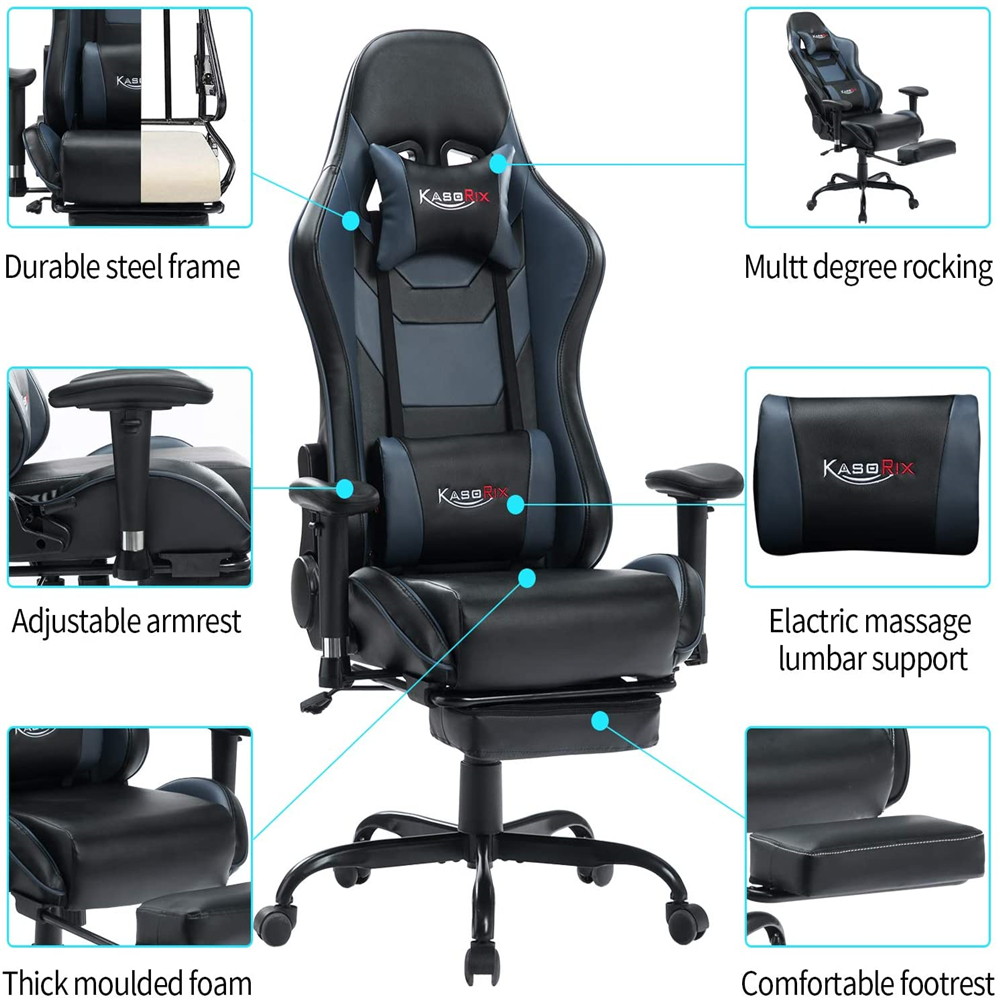 KASORIX Ergonomic Gaming Chair High Back Racing Chair with Footrest Massage Computer Gaming Chair Reclining Home Office Chair with Headrest and Lumbar Support