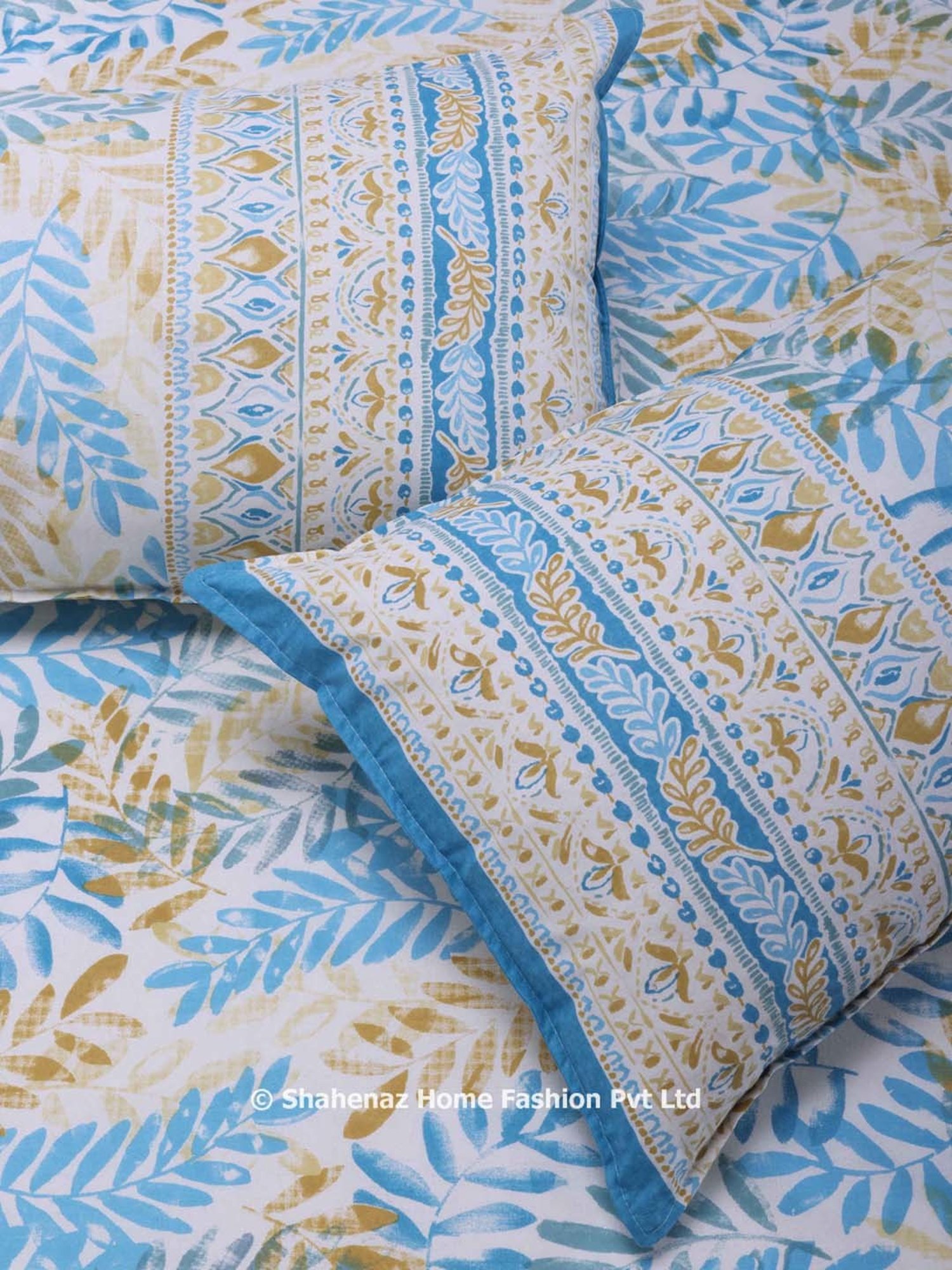 Shahenaz Blue 120 TC Cotton French Leaves Double Bedsheet with 2 Pillow Covers