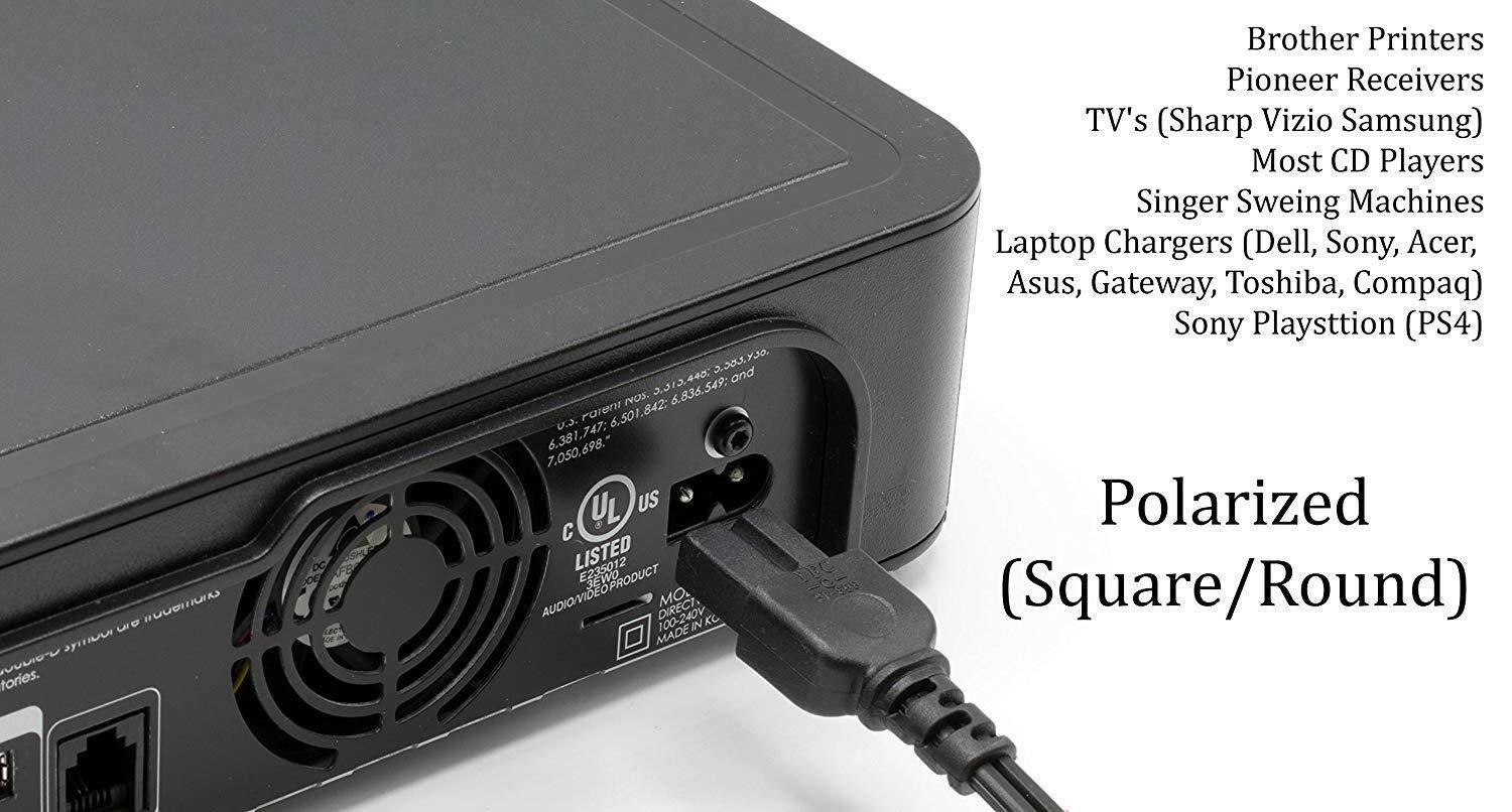 Premium 2 Slot Power Cord Super-Duty Two Pack Contains Both Polarized (Squared End) and Non-Polarized (Figure 8 End) Power Cable (NEMA 1-15P to C7 C8) UL Listed - 18 AWG, 10 Amps, 125 Volts (6 Foot)