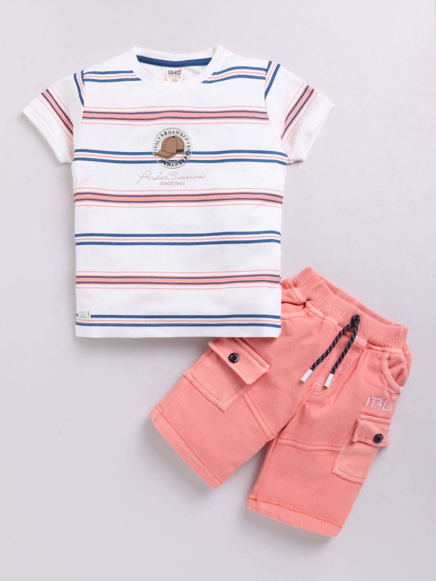 UNO KIDS Boys Peach & White Striped Top & Short sets