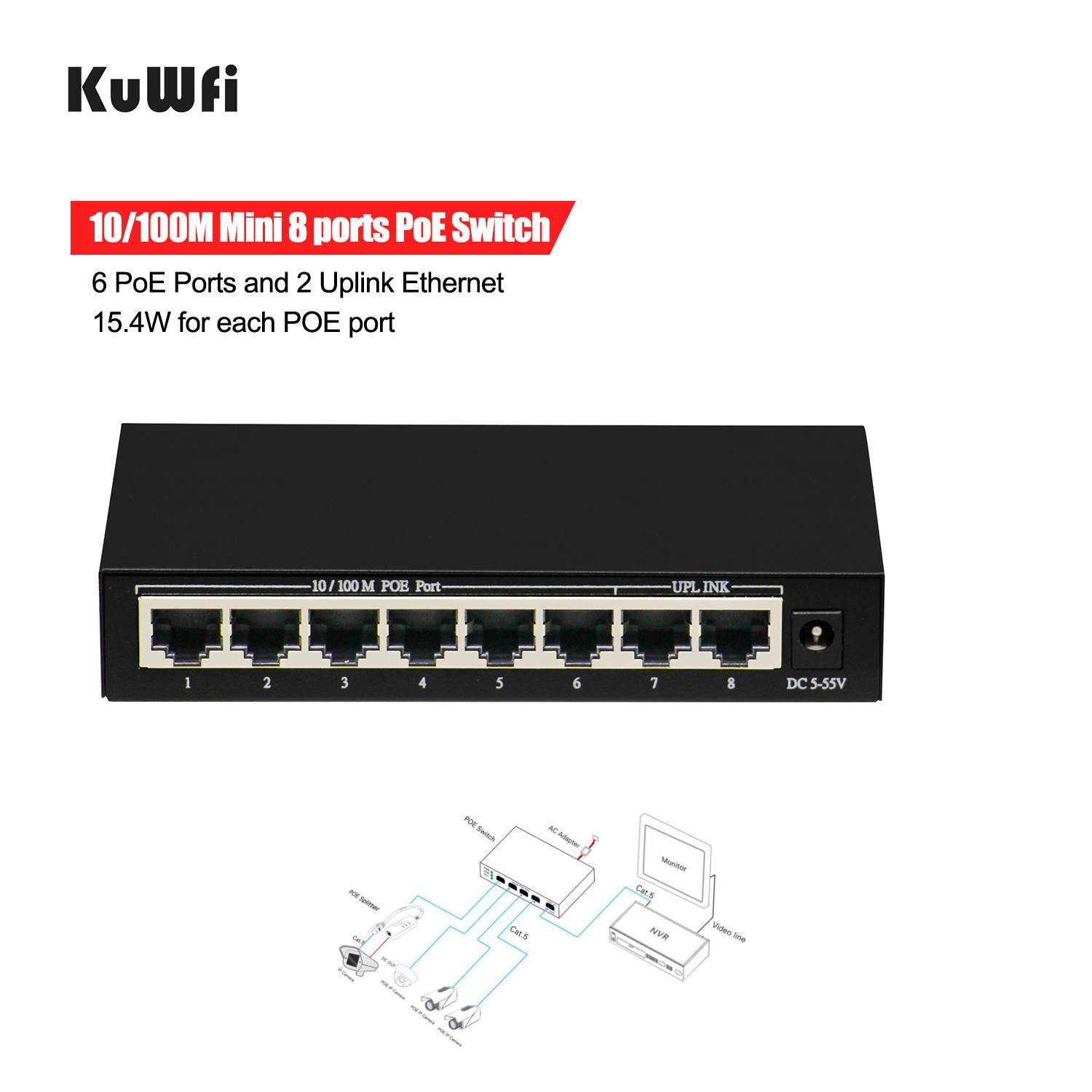 6+2 Ports 6 PoE Injector Power Over Ethernet Switch with Power Adapter