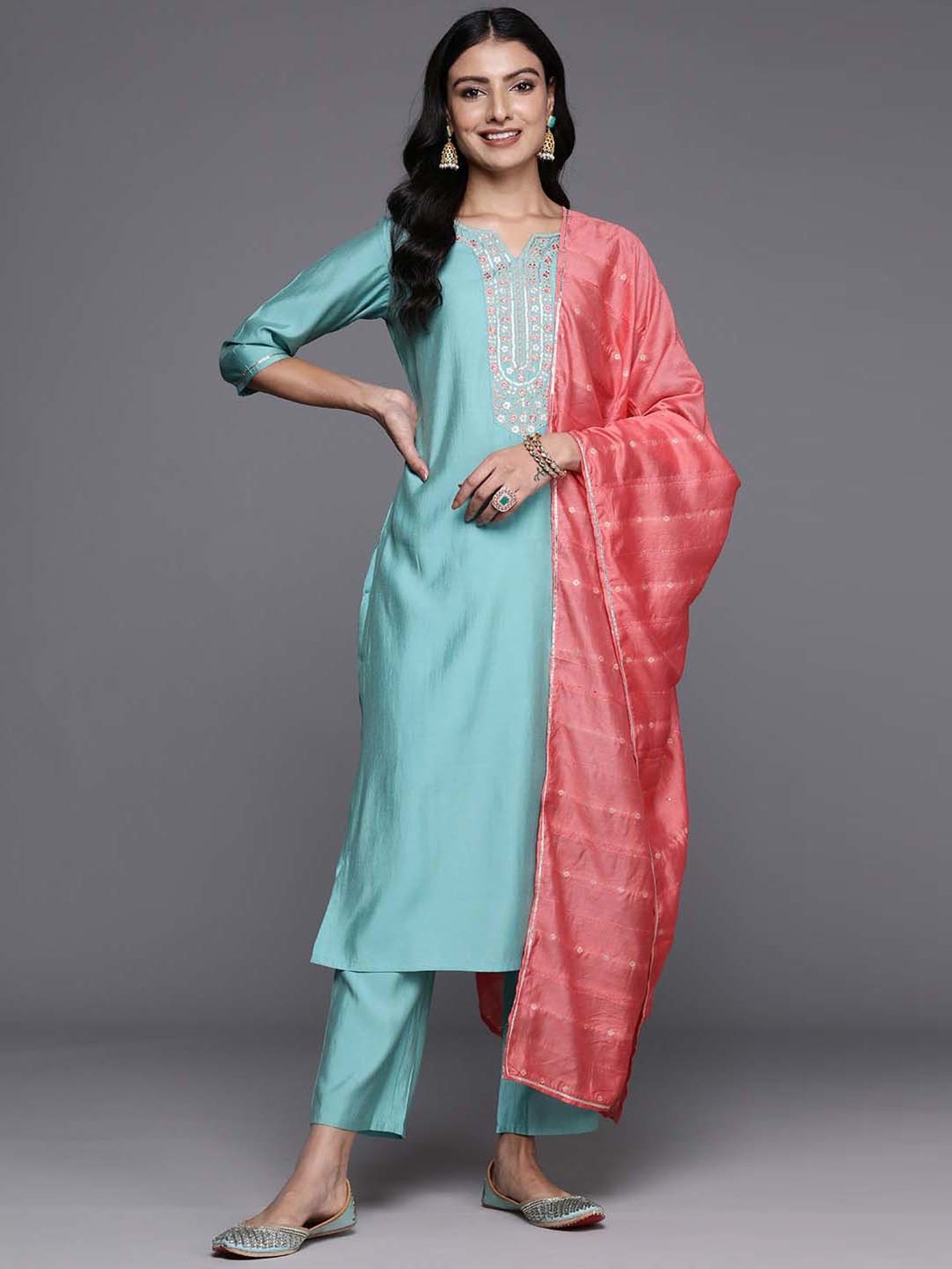 Gerua Blue Embroidered Kurta Pant Set With Dupatta