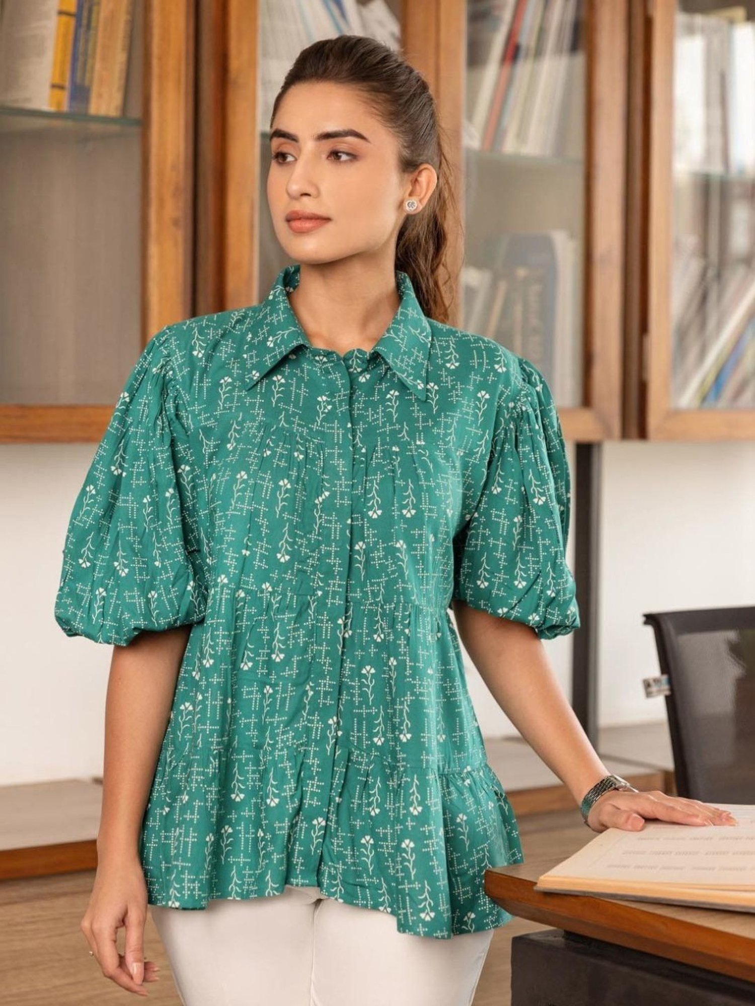 BInfinite Teal Green Printed Tiered Shirt