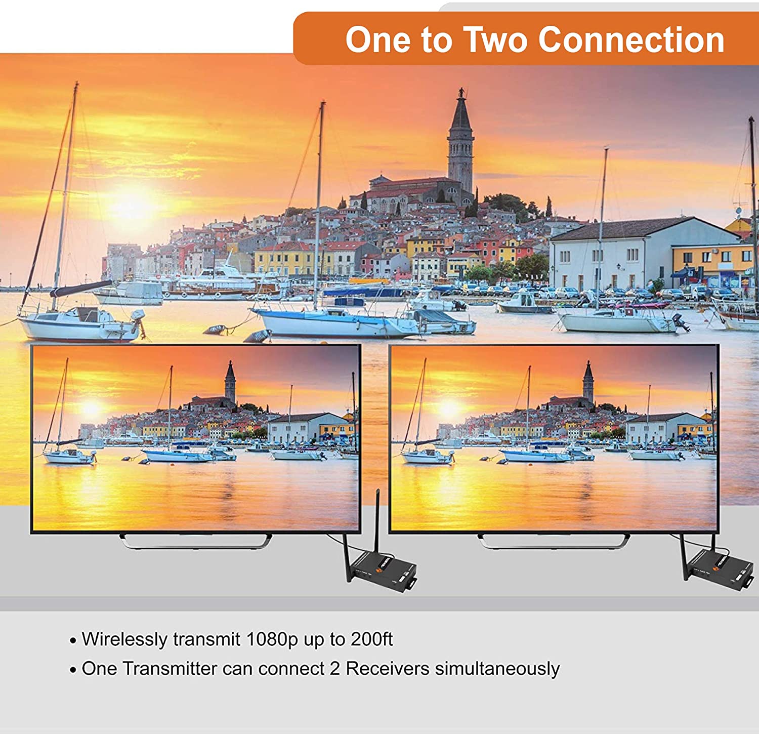 J-Tech Digital FHD 1X2 Wireless HDMI Extender 200' Dual Antenna Supporting Full HD 1080p with HDMI Loop Output IR Passthrough [JTECH-WEX200V3]