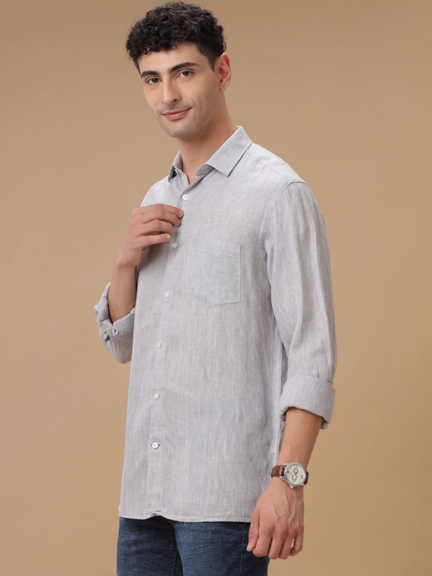 Linen Club Grey Linen Contemporary Fit Texture Shirt