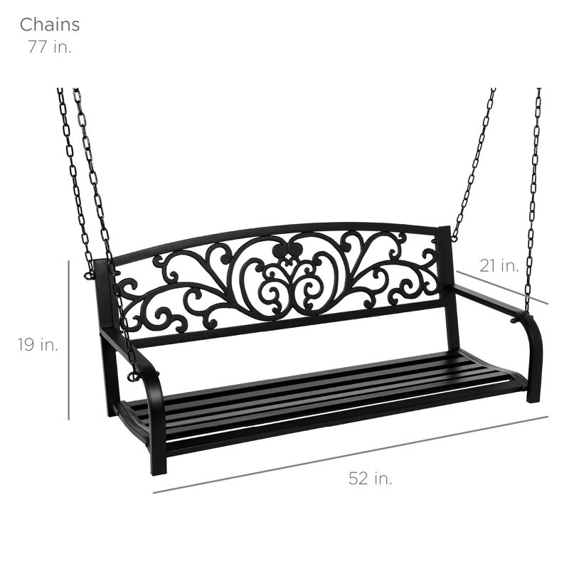 Best Choice Products 2-Person Metal Outdoor Porch Swing, Hanging Steel Patio Bench w/ Floral Accent - Black