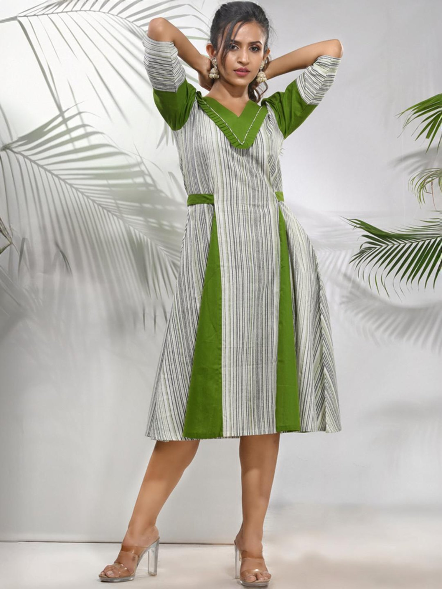Charukriti White Cotton Striped A-Line Dress