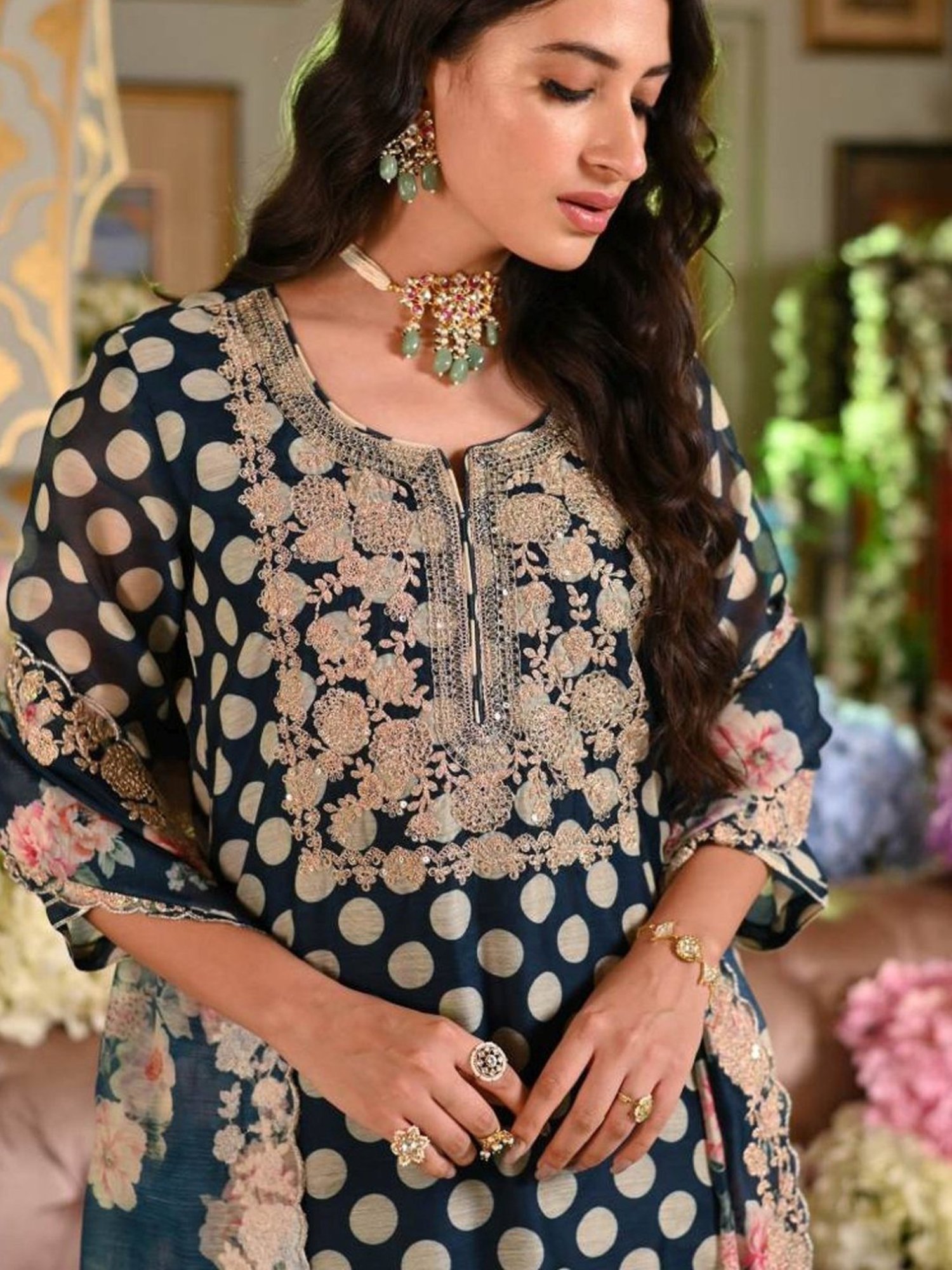 Mahee Jaipur Blue Polka Dot Chanderi Kurta with Pant and Dupatta