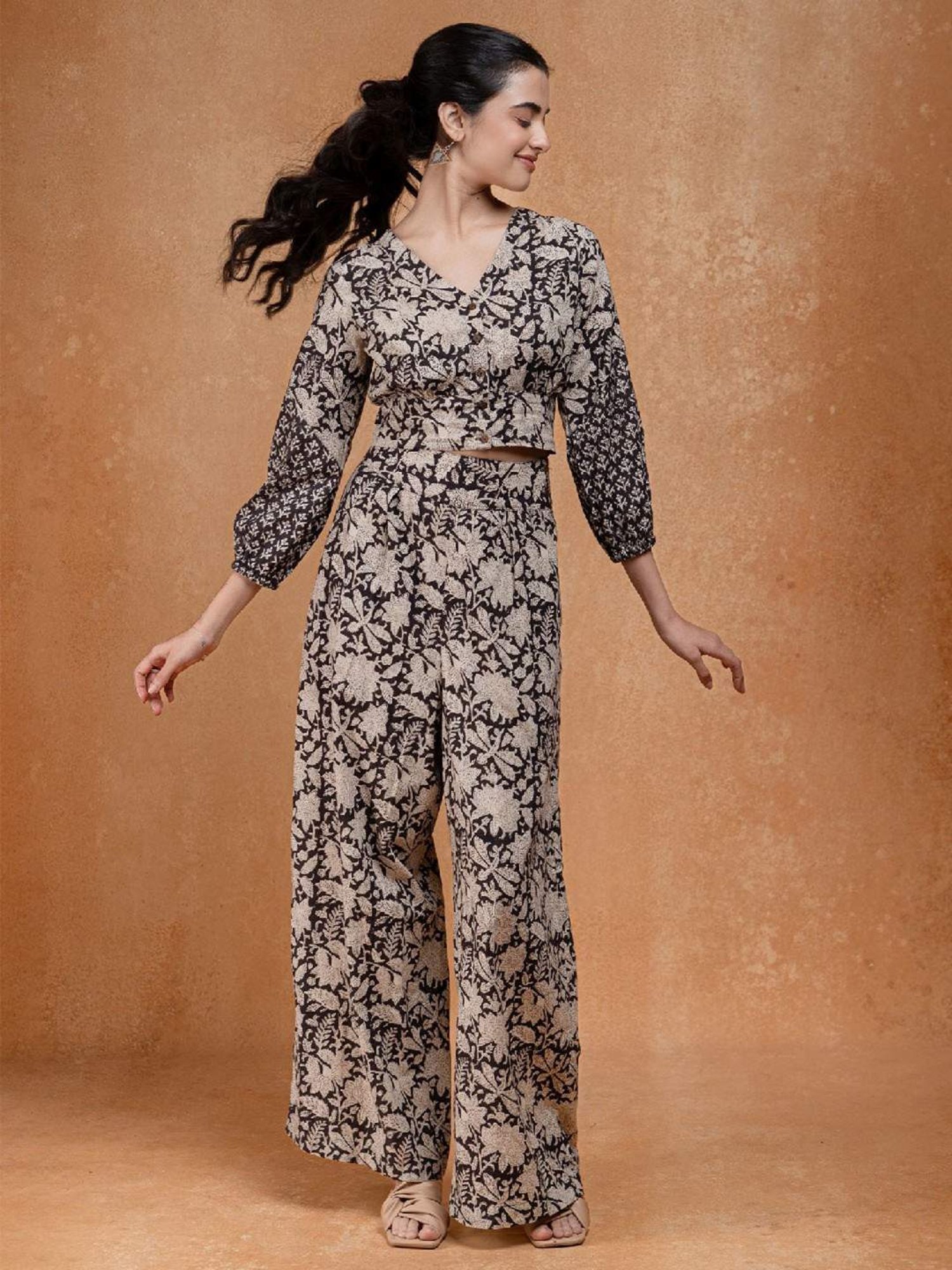 Okhai Black Floral Print Pure Cotton Pants