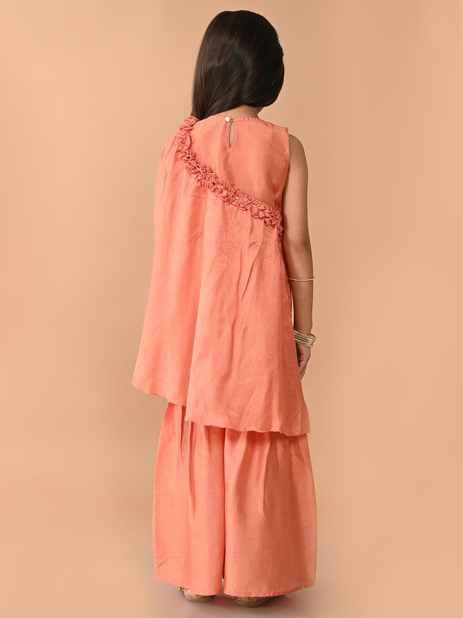 LilPicks Kids Peach Embroidered Full Sleeves Kurta with Sharara