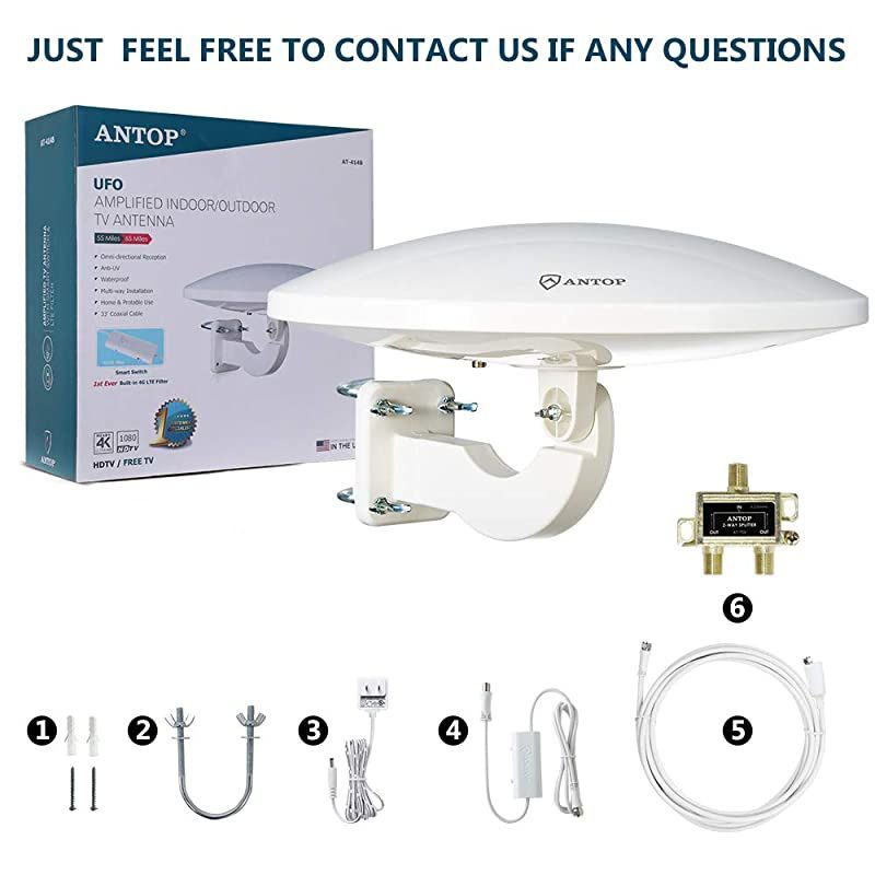 TV Antenna for Multiple TVs ANTOP UFO Amplified RooftopAtticRVMarine HDTV Antenna 65 Miles Omni Directional Extremely High Reception with 33ft Coaxial Cable and Signal Splitter for 2 TVs