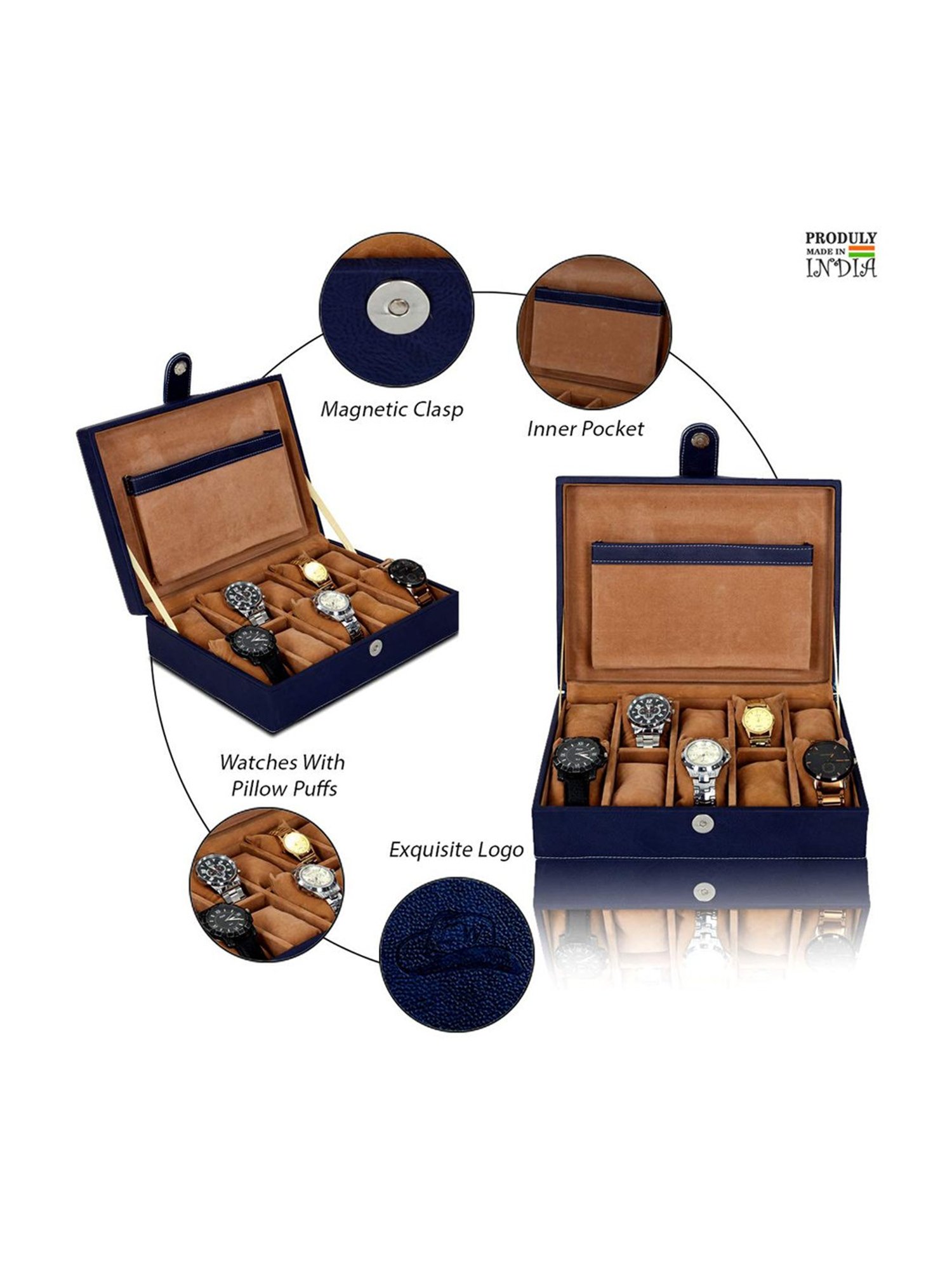 Leather World Blue Watch Box Holder Organizer Case in 10 Slots