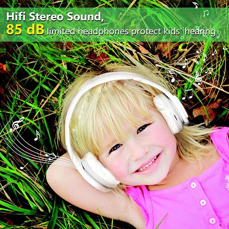 Headphones for Kids, 85db Volume Limited, up to 6-8 Hours Play, Stereo Sound, SD Card Slot, Over-Ear and Build-in Mic Wireless/Wired Headphones for Boys Girls(White)