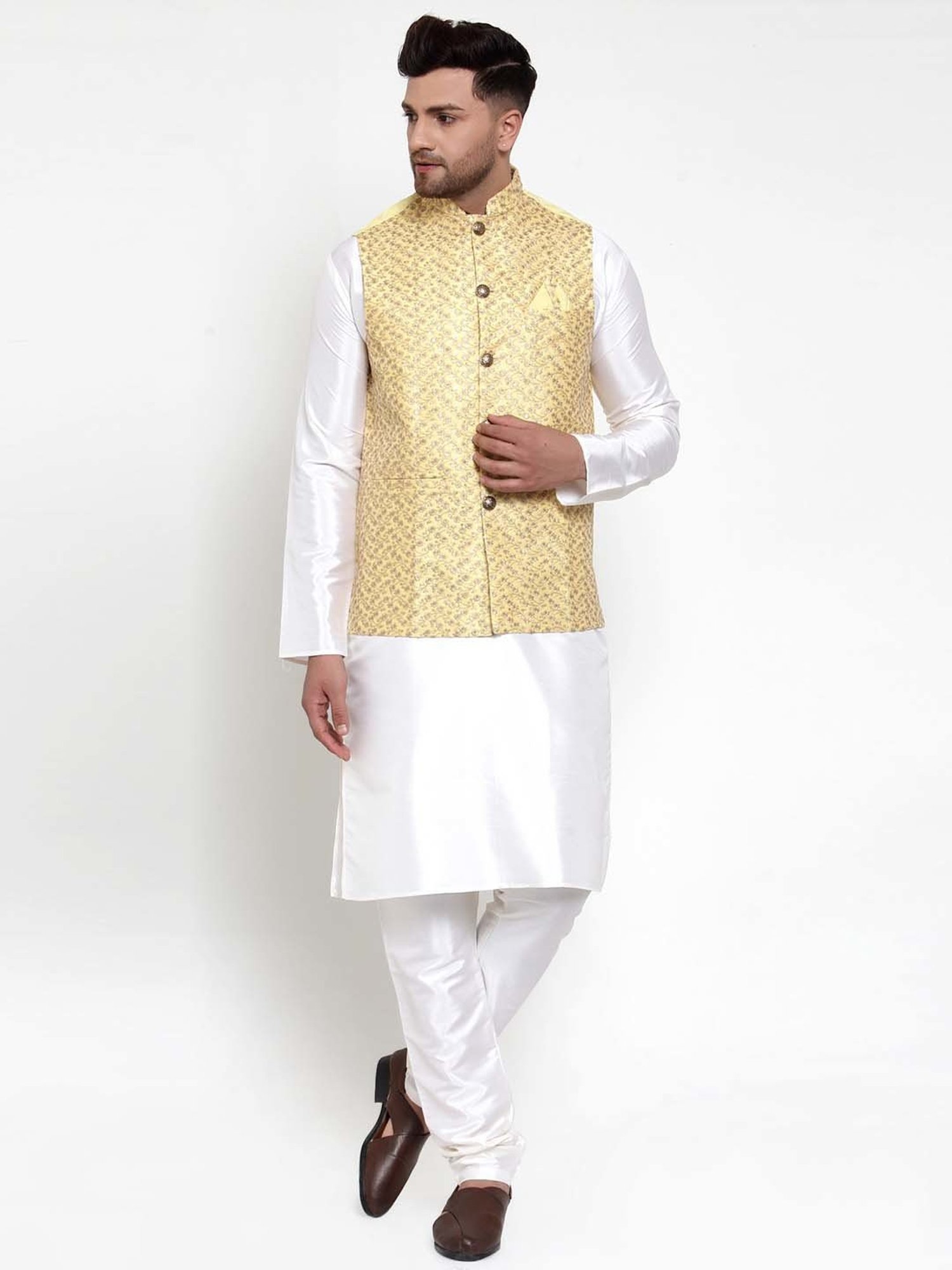 Jompers Yellow Regular Fit Embroidered Nehru Jacket