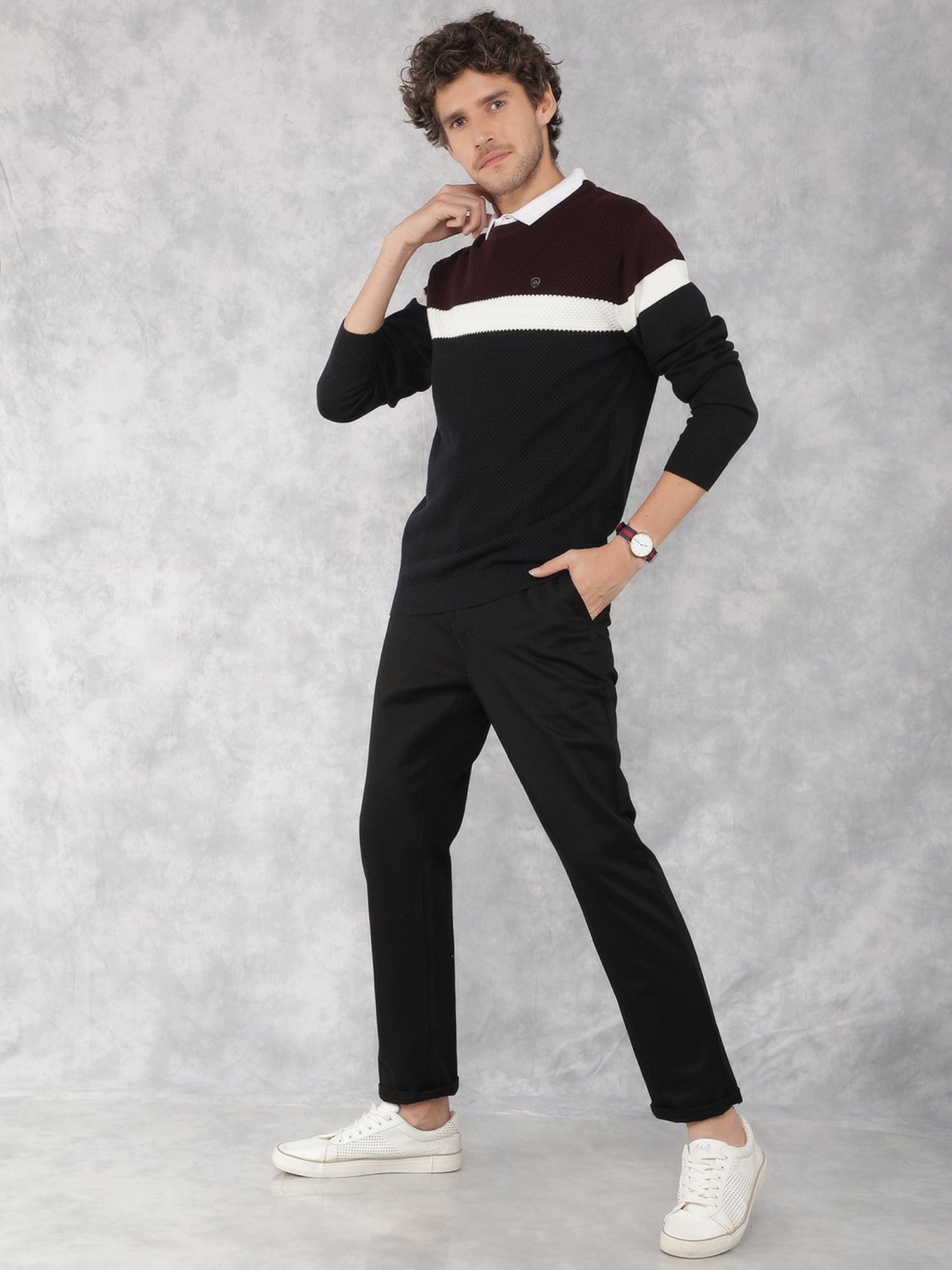 Crimsoune Club Wine Cotton Regular Fit Colour Block Sweater