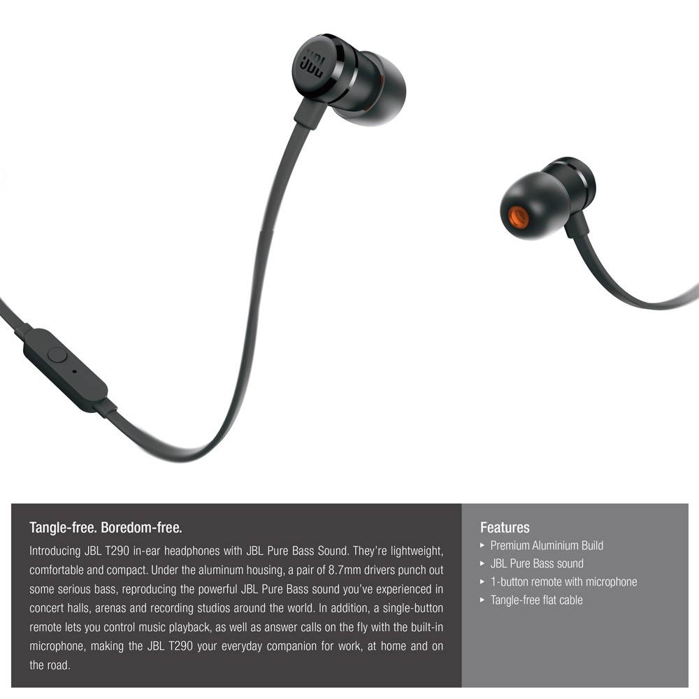 JBL T290 In-ear Headphones JBL Pure Bass Sound Earphones One Button Control 3.5mm Jack Wired Earpieces Portable Headset with Microphone For Mobile Phone Tablet