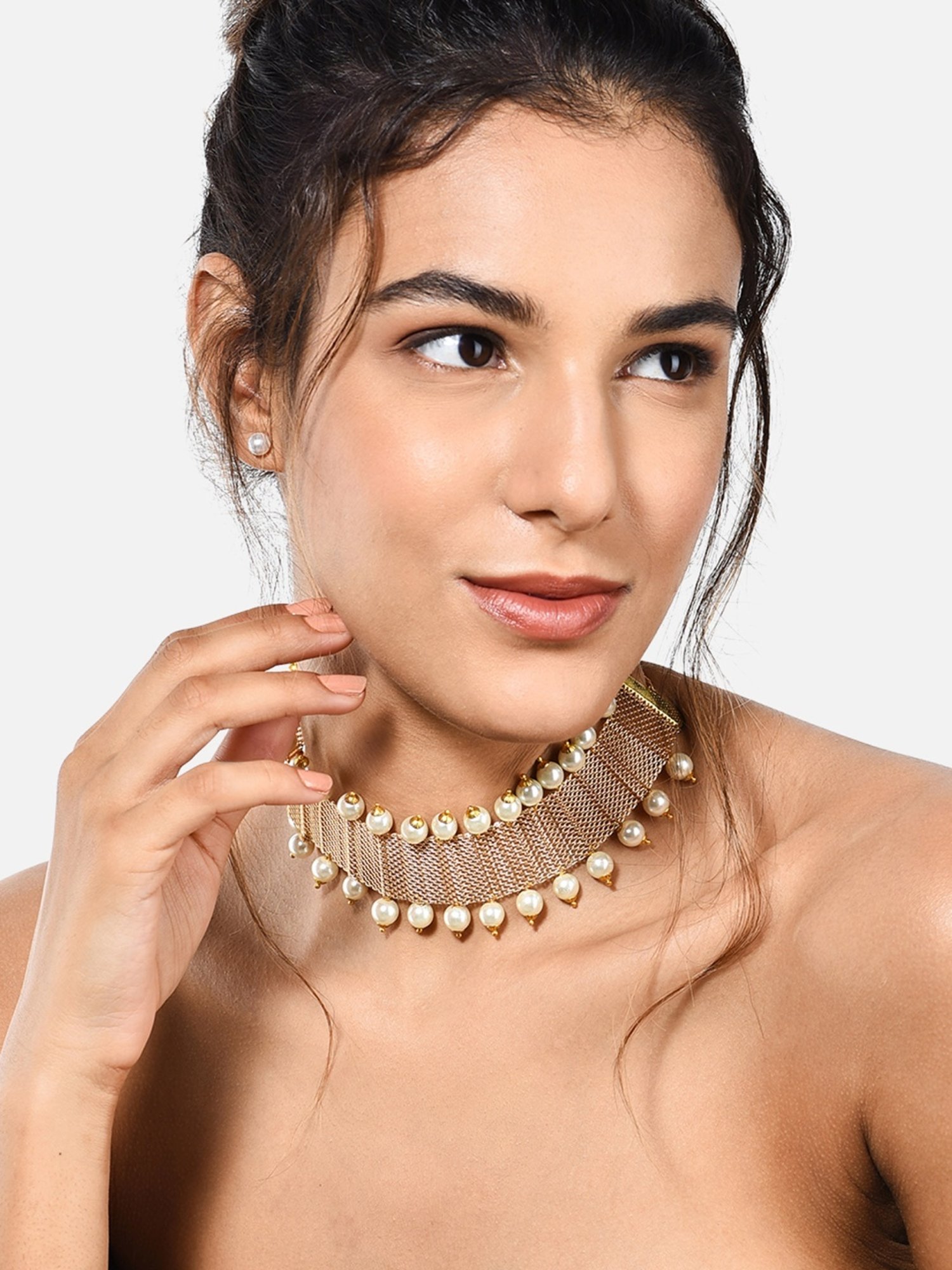 Zaveri Pearls Gold Tone Ethnic Pearls Choker Necklace & Earring Set-ZPFK10416