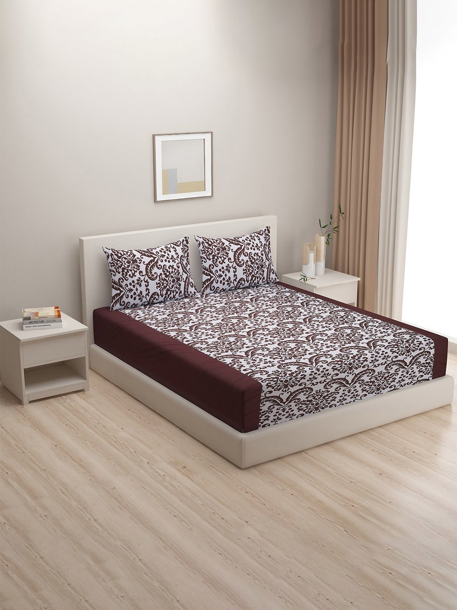 Swayam Brown & White Cotton 200 TC, 1 Double Bedsheet With 2 Pillow Cover