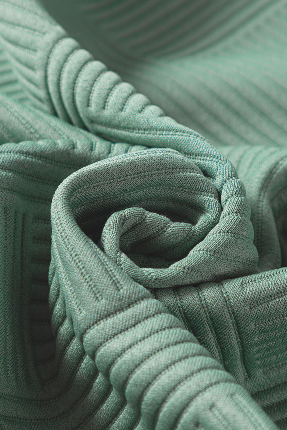 Green Solid Color Quilted Long Sleeve Top and Wide Leg Pants Set