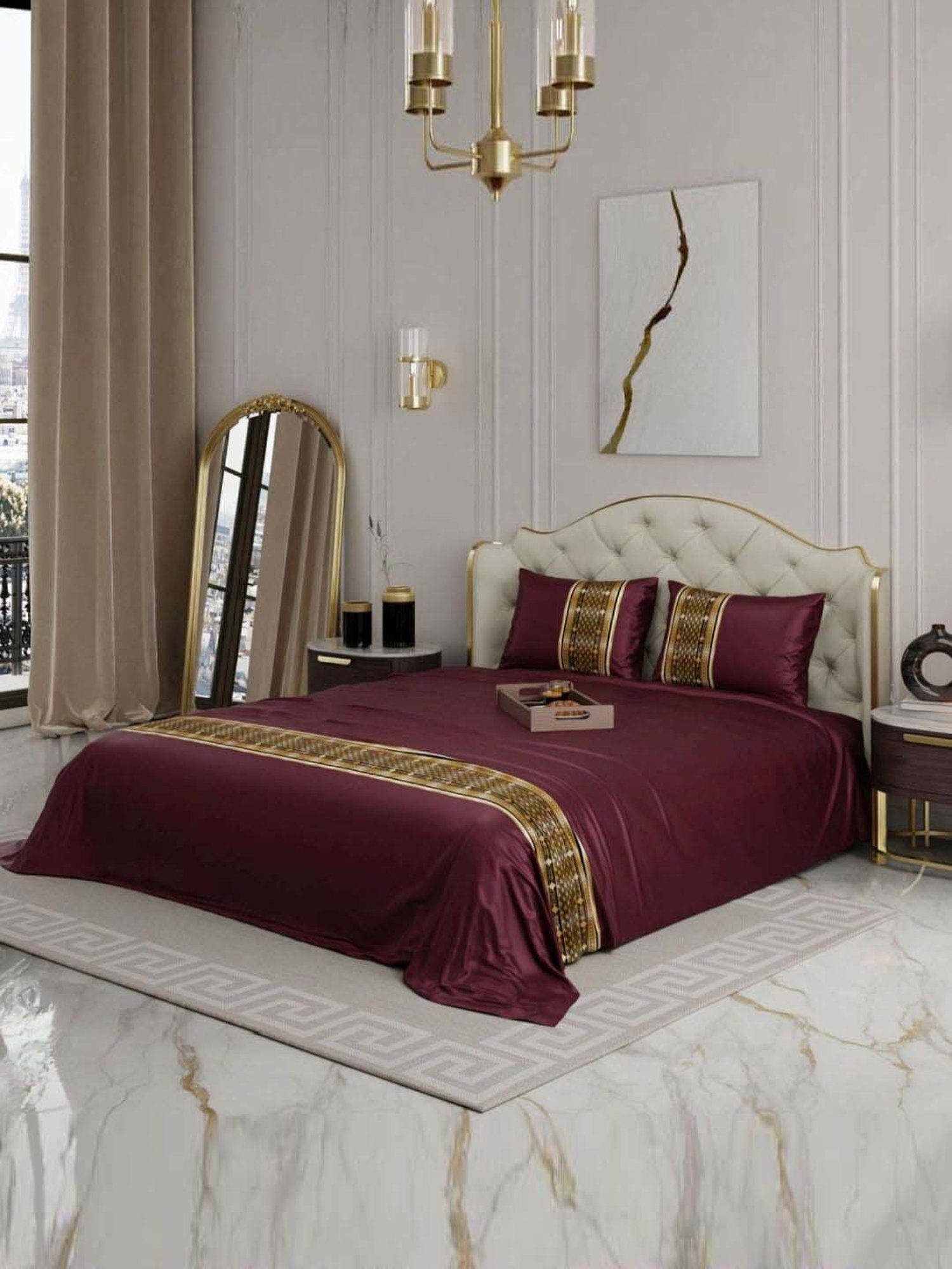 Stoa Paris Versailles Maroon 300 TC Sateen Royal Treasures Double Bed Sheet with 2 Pillow Covers