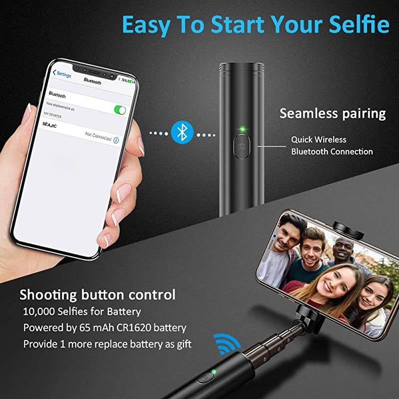 Selfie Stick Bluetooth, Lightweight Aluminum Phone Selfie Sticks, Extendable Monopod Compact Design, Compatible with iPhone 11 Pro Max/11 Pro/11, Galaxy S20 More