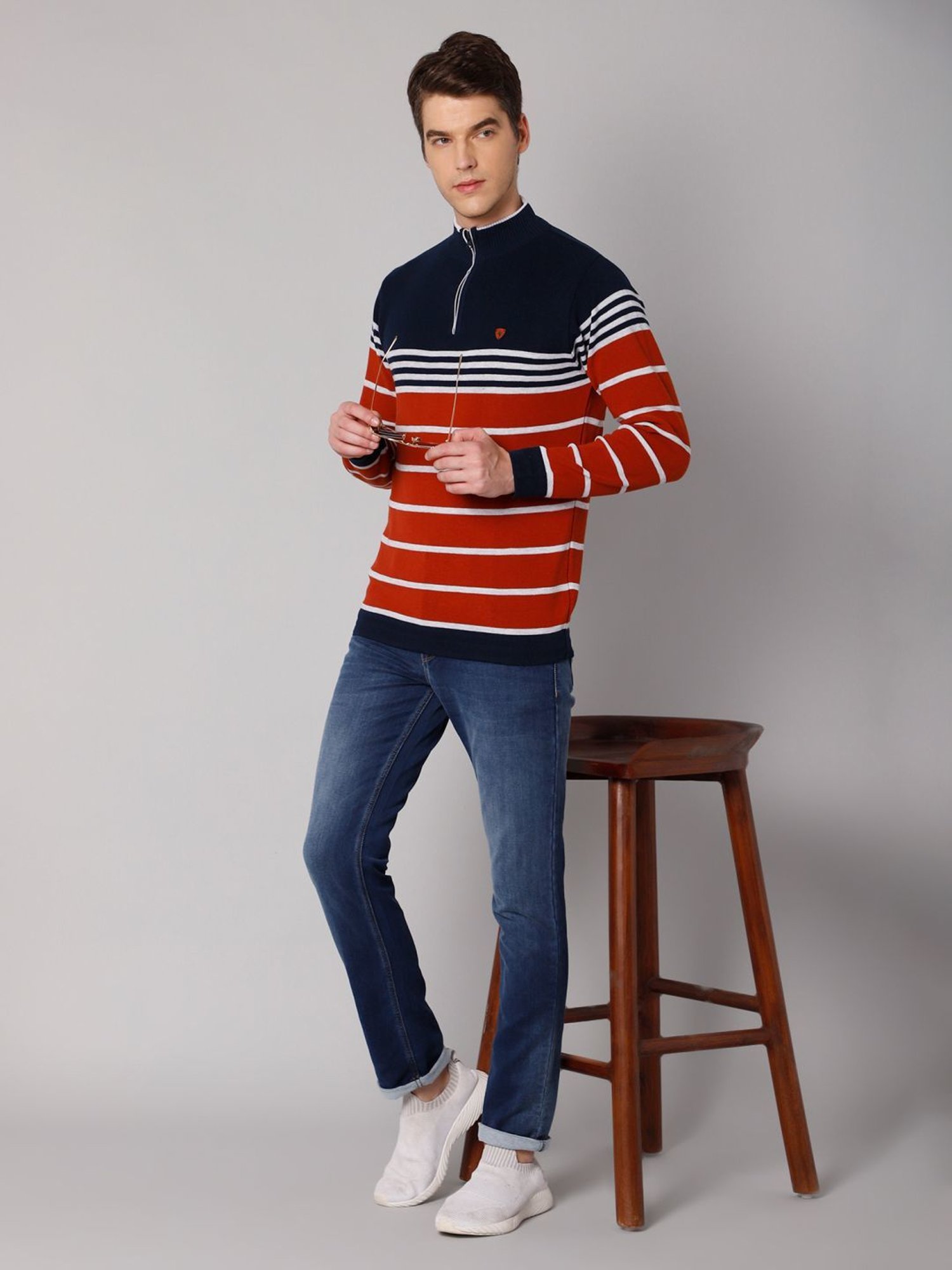 Cantabil Rust Regular Fit Striped Sweater