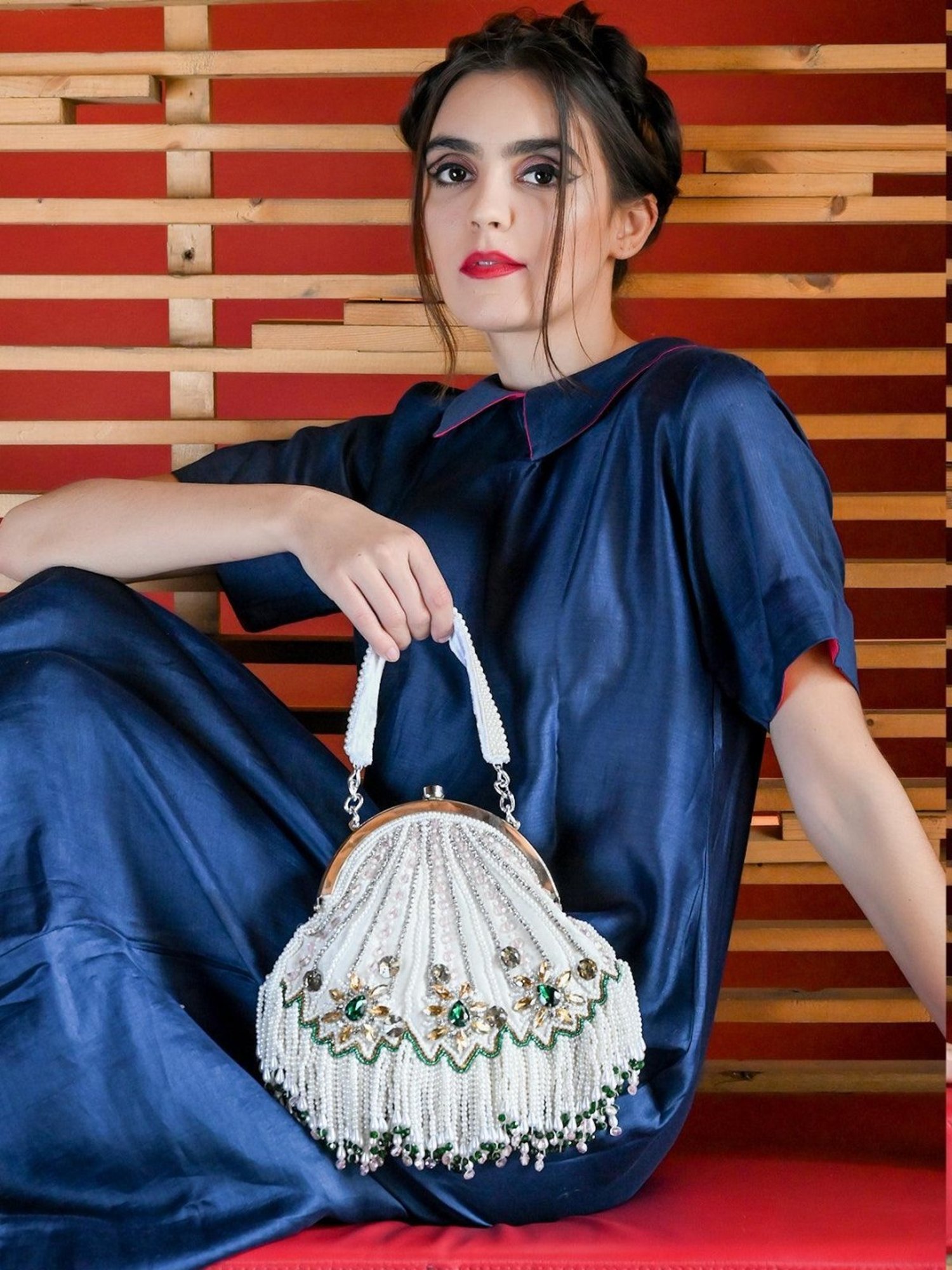 Odette White Embellished Handbag